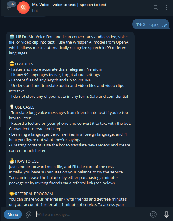 Mr. Voice Bot - Telegram -bot voor audio- en videotranscriptie media 1