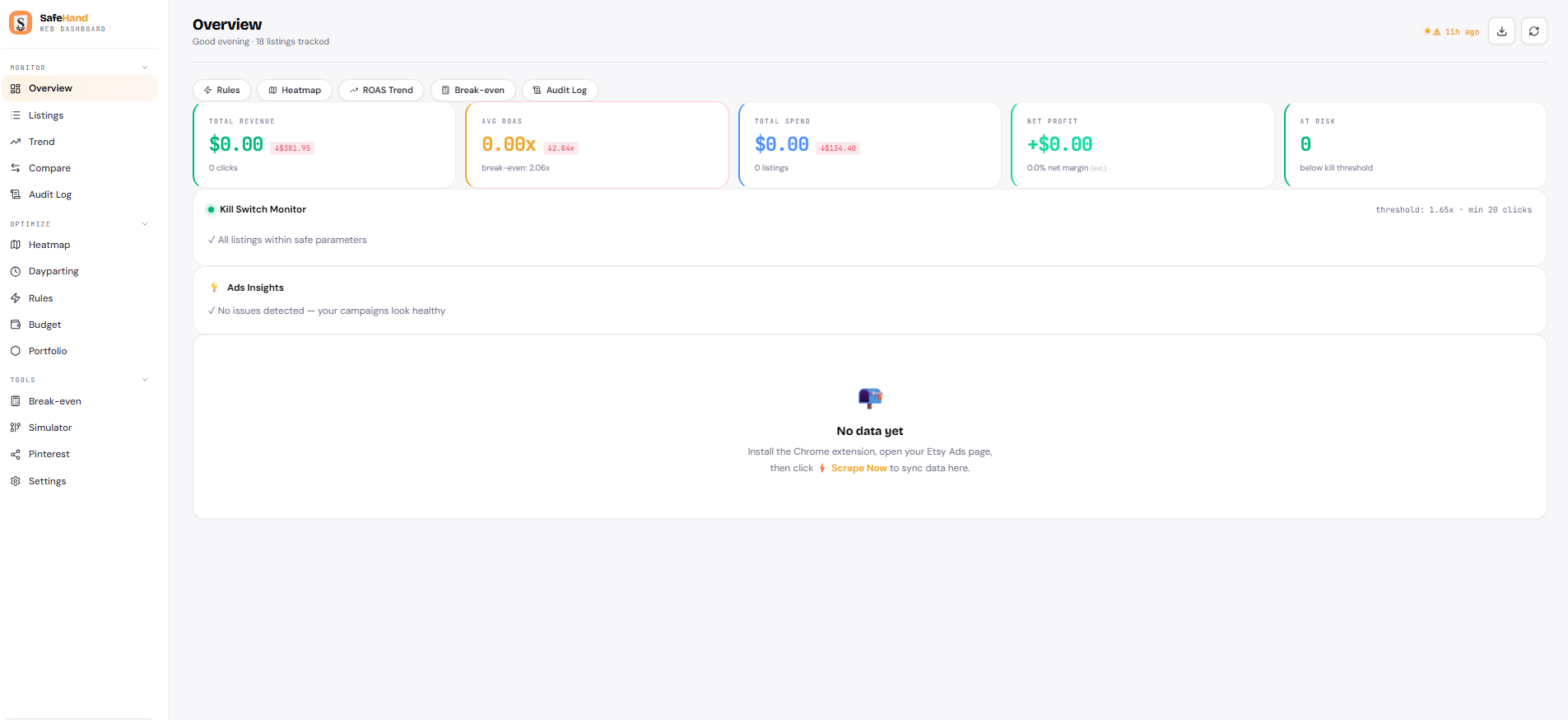 SafeHand - Etsy Ads Automation - Main product screenshot demonstrating key features and user interface