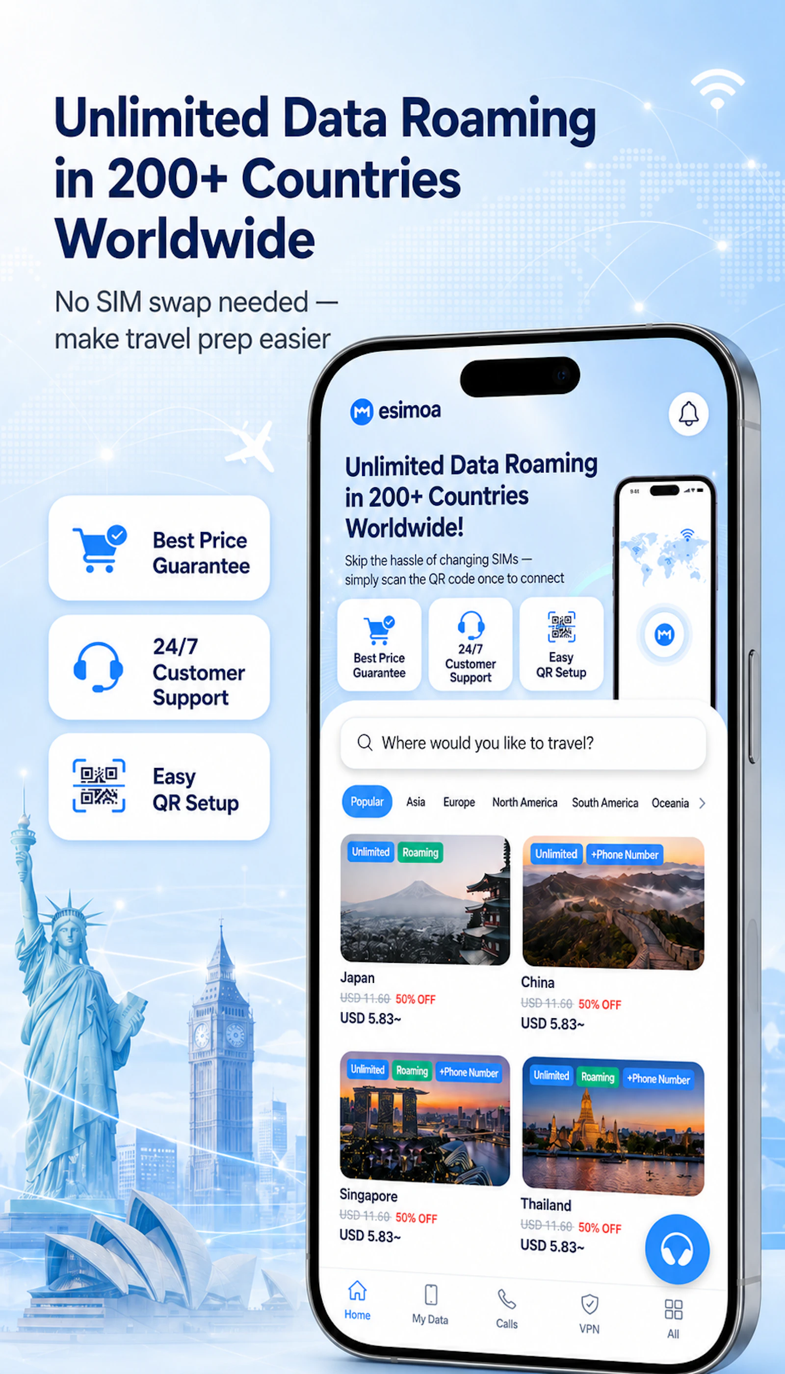 esimoa — Travel eSIM, Calls & VPN screenshot 1