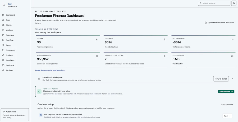 Cash Workspace features