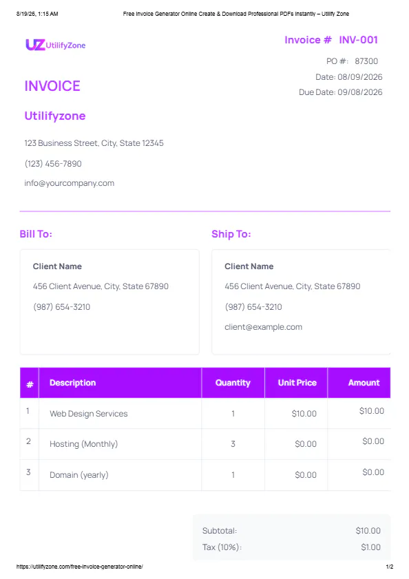 Free Invoice Generator by UtilifyZone gallery image