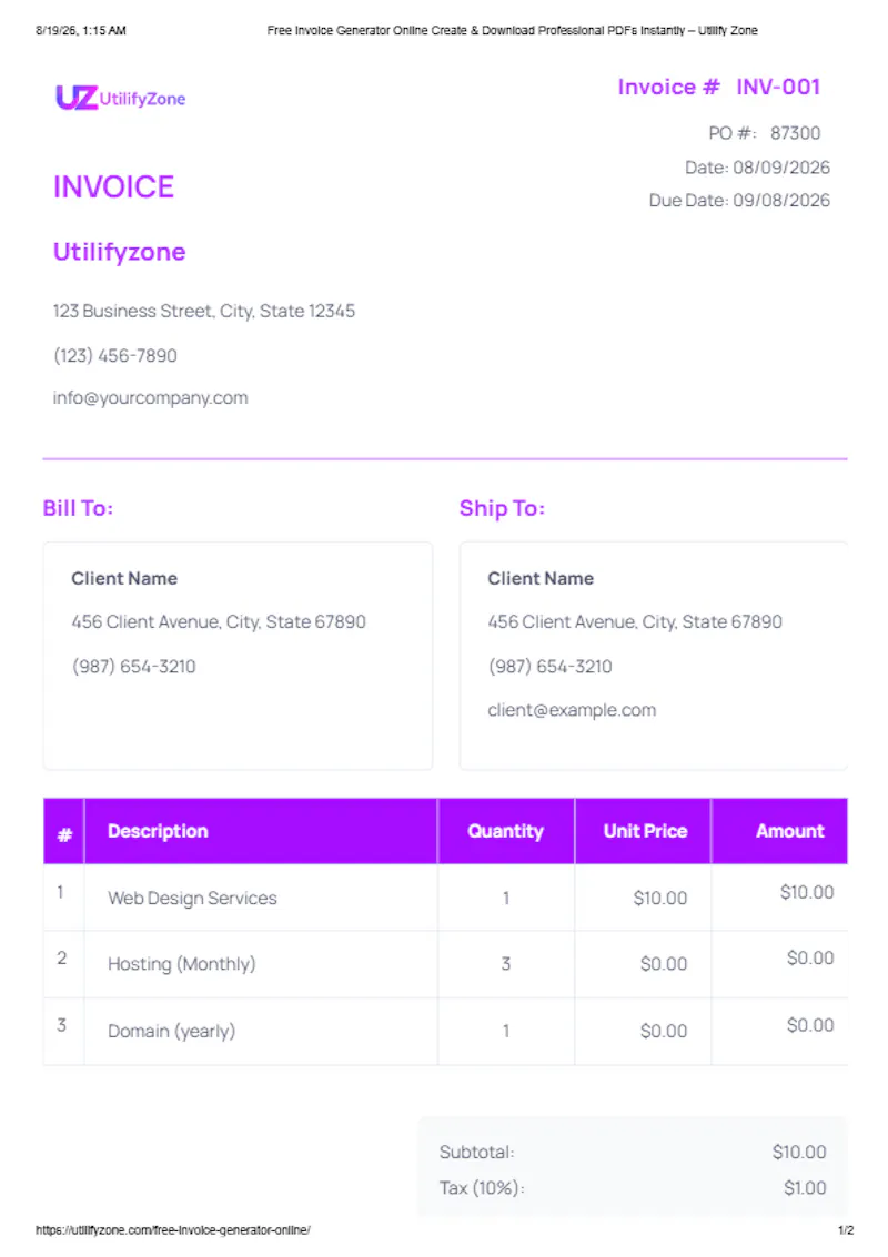 Free Invoice Generator by UtilifyZone screenshot 2