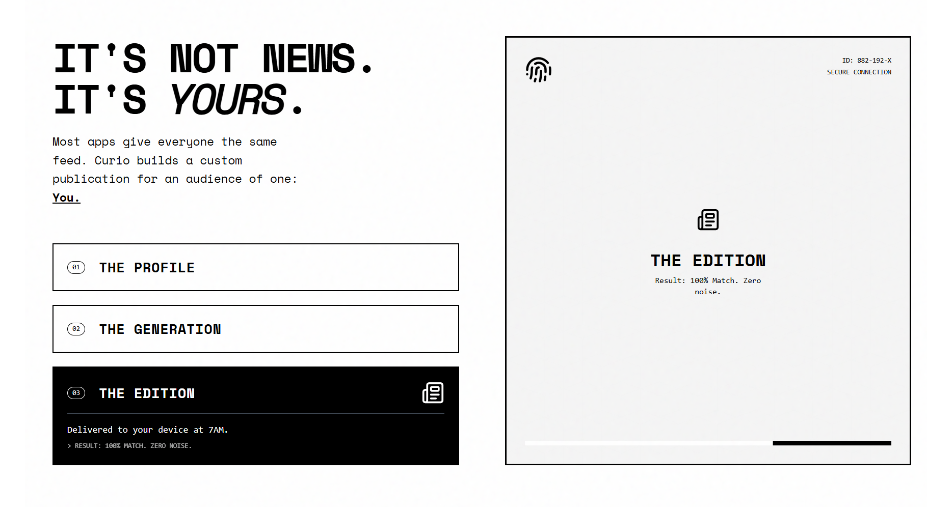 Curio – A Custom Article for You, Daily - Main product screenshot demonstrating key features and user interface