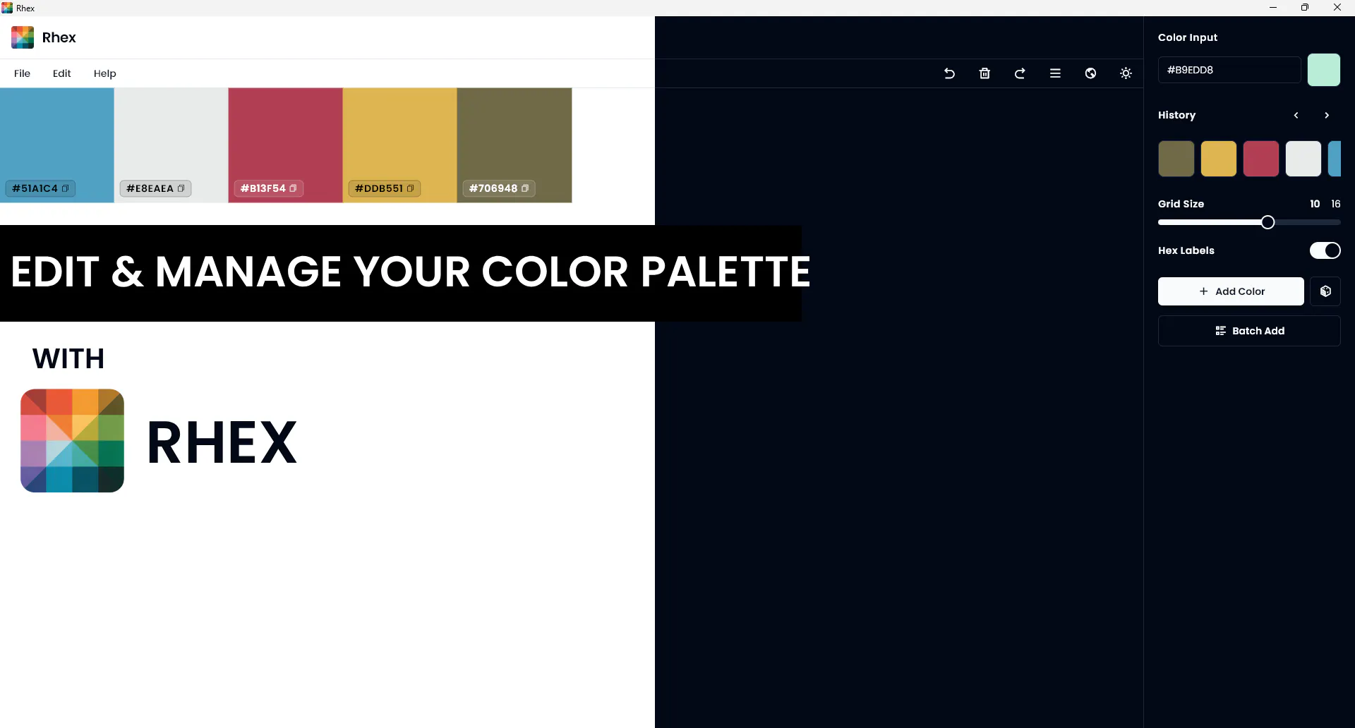 Rhex: HEX & RGB Editor 제품 배너