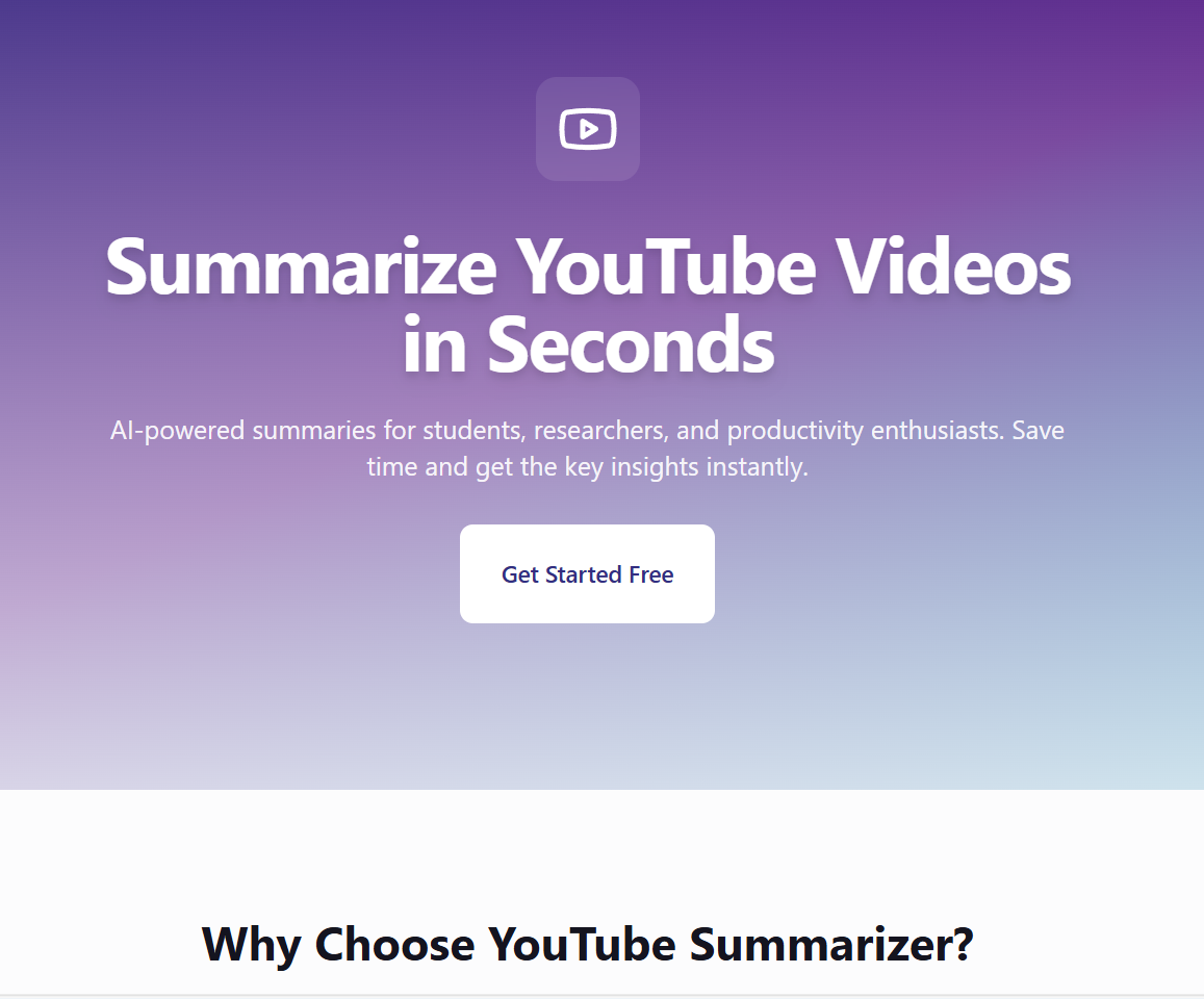 YouTube Summarizer - Main screenshot showing features and interface