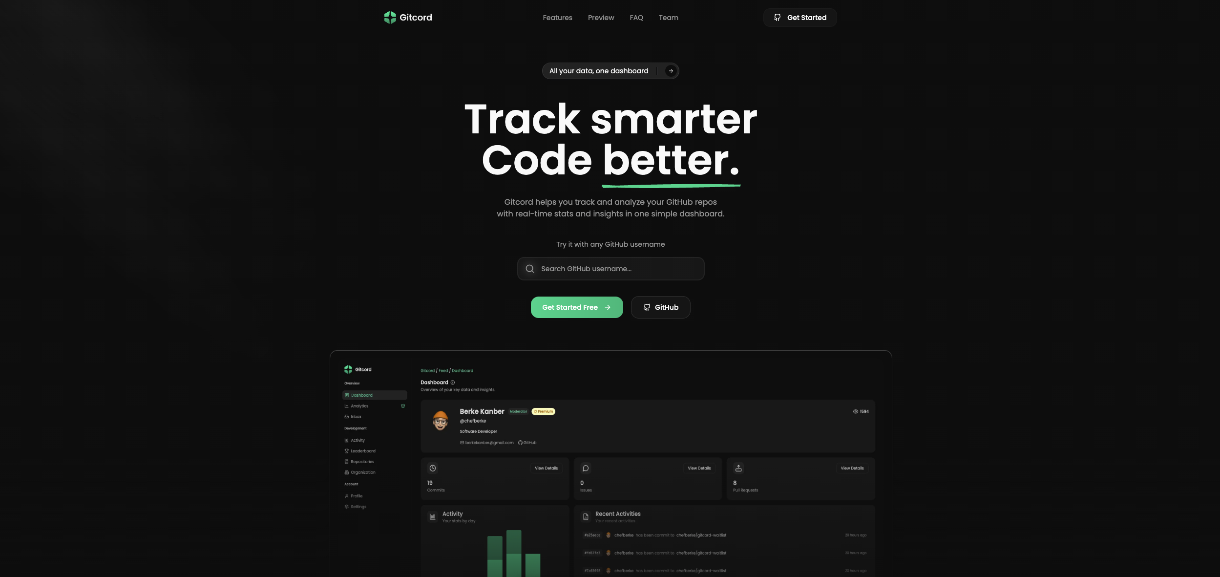 Gitcord - Sadece işe yarayan temiz, basit github analitiği medya 1