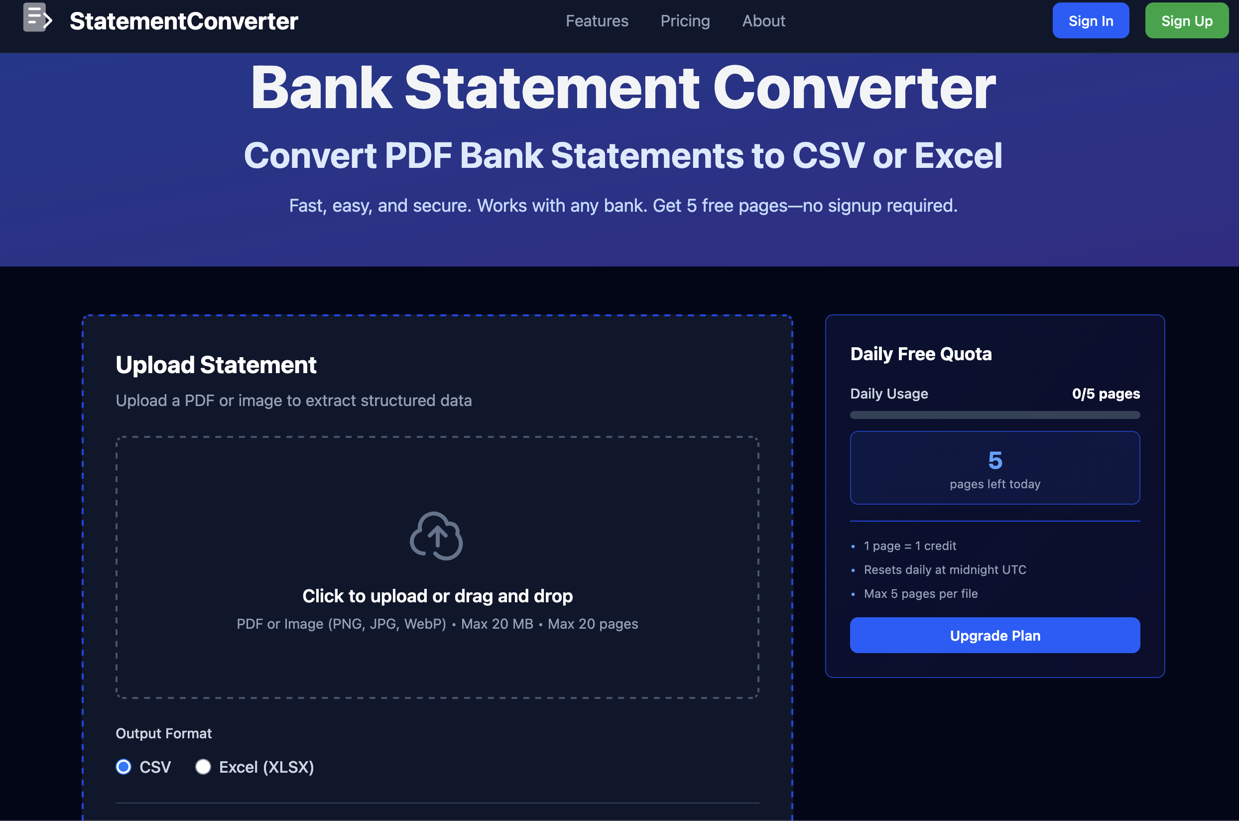 Bank Statement Converter - Main screenshot showing features and interface