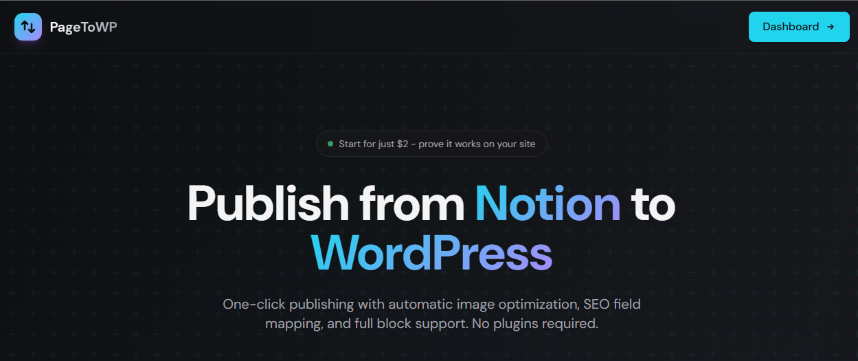 PageToWP - Screenshot 2 showing product features and functionality