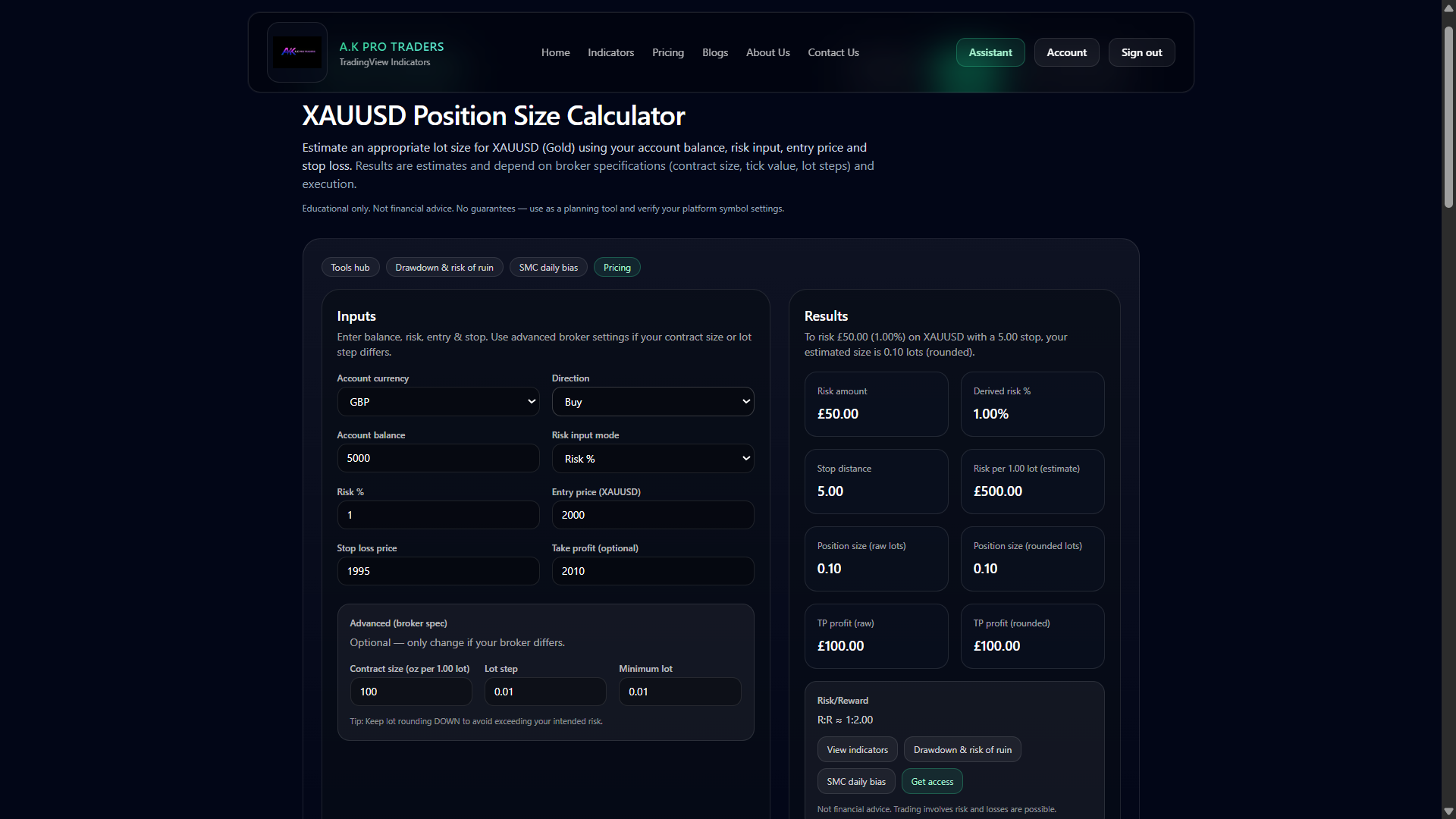 XAUUSD Position Size Calculator