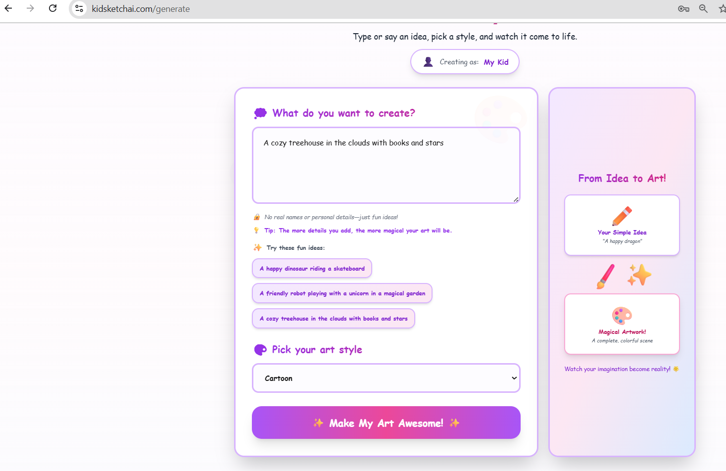 KidSketchAI - Main product screenshot demonstrating key features and user interface
