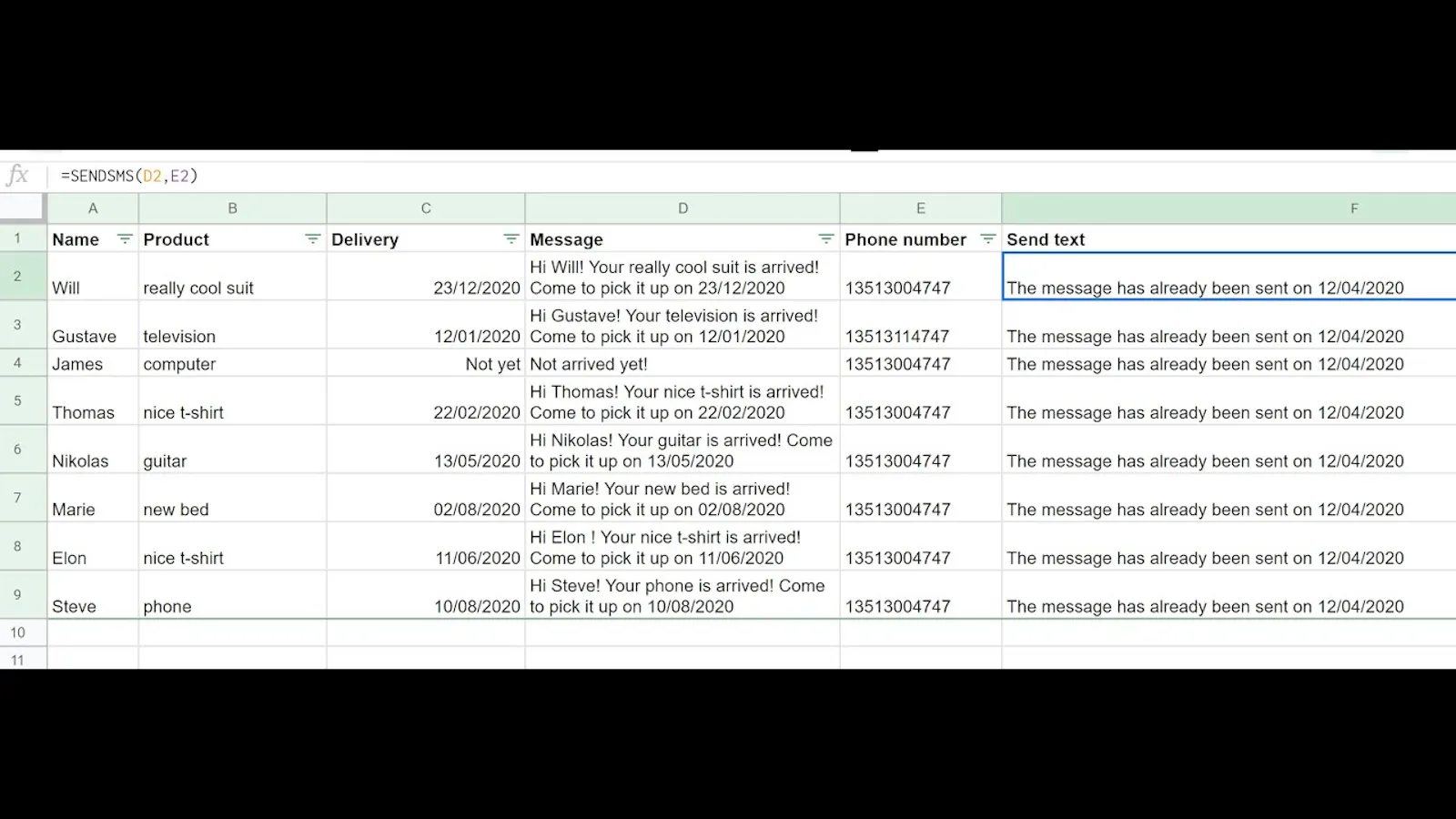 Send SMS from Google Sheets screenshot 1 (video preview)