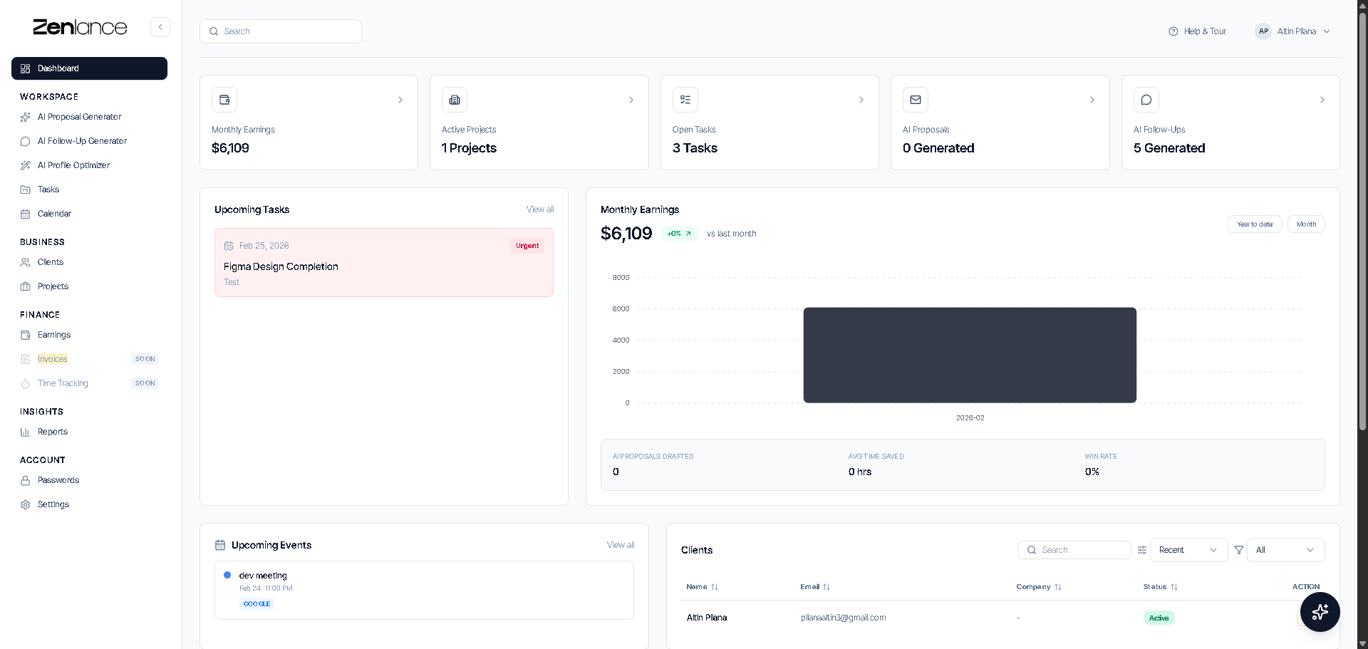 Zenlance - AI CRM For Freelancers - Main product screenshot demonstrating key features and user interface