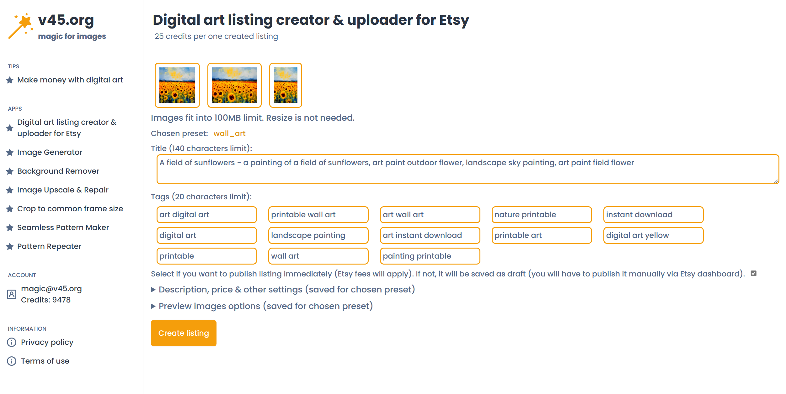 وسائط منشئ قائمة الفن الرقمي لـ Etsy - إرسال الفن الرقمي للبيع في ثوانٍ قليلة.وفر وقتك. 2