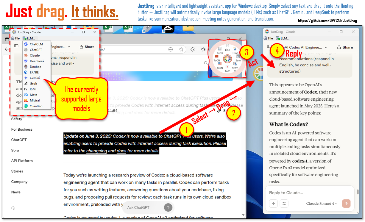 JustDrag - Trascina il testo selezionato, ottieni help istantanea AI (chatgpt, claude ...) media 2