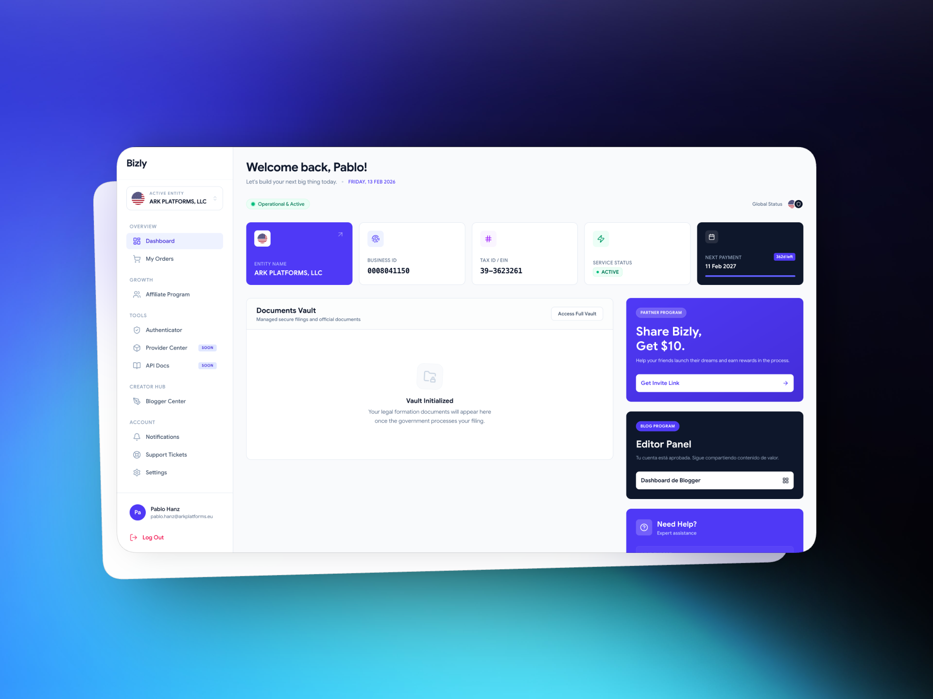 Bizly - Main product screenshot demonstrating key features and user interface
