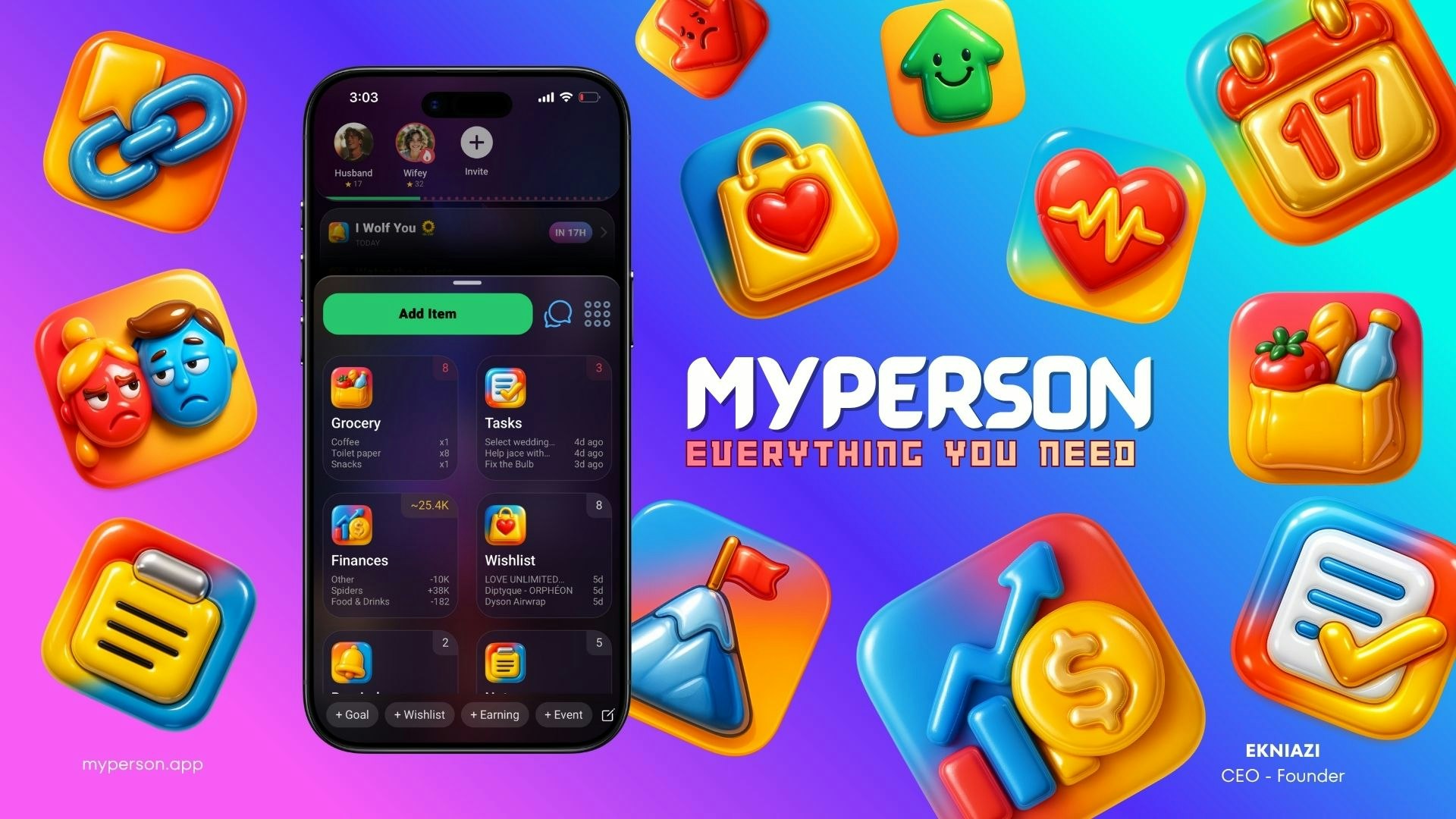 MyPerson - Couple Life Tracker - Main product screenshot demonstrating key features and user interface