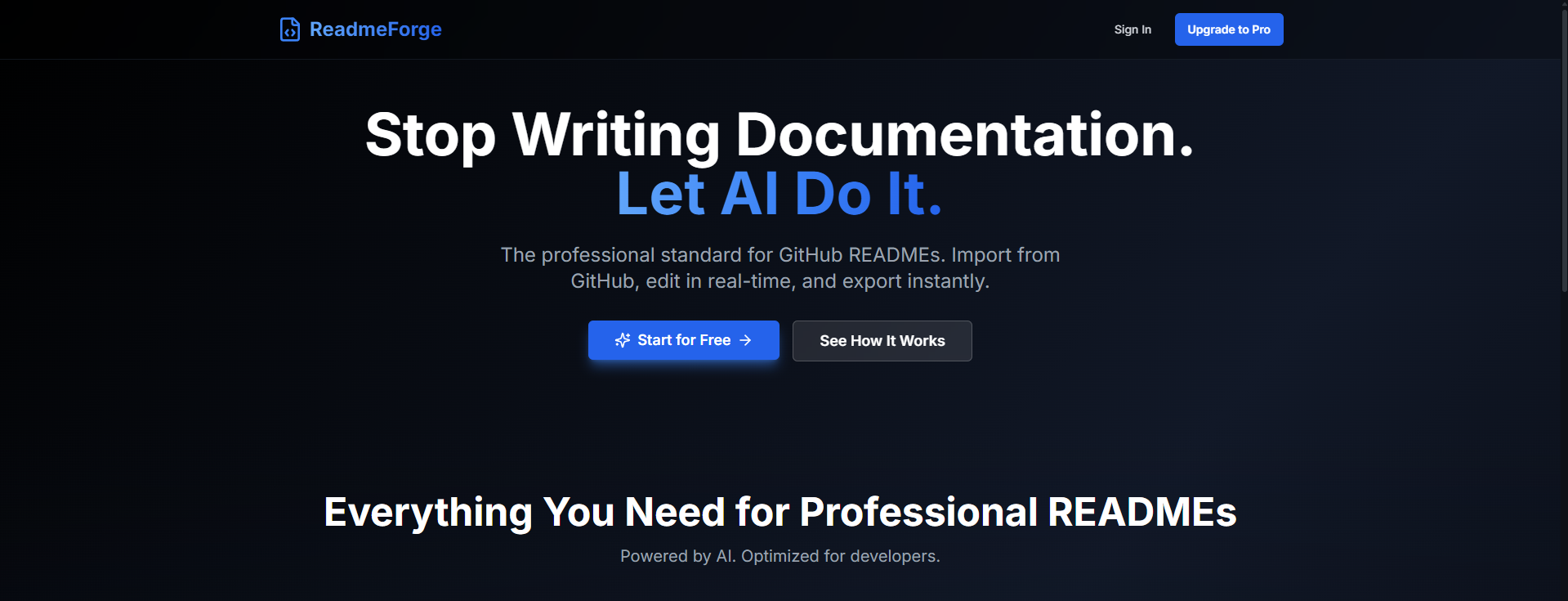 ReadmeForge - Main product screenshot demonstrating key features and user interface