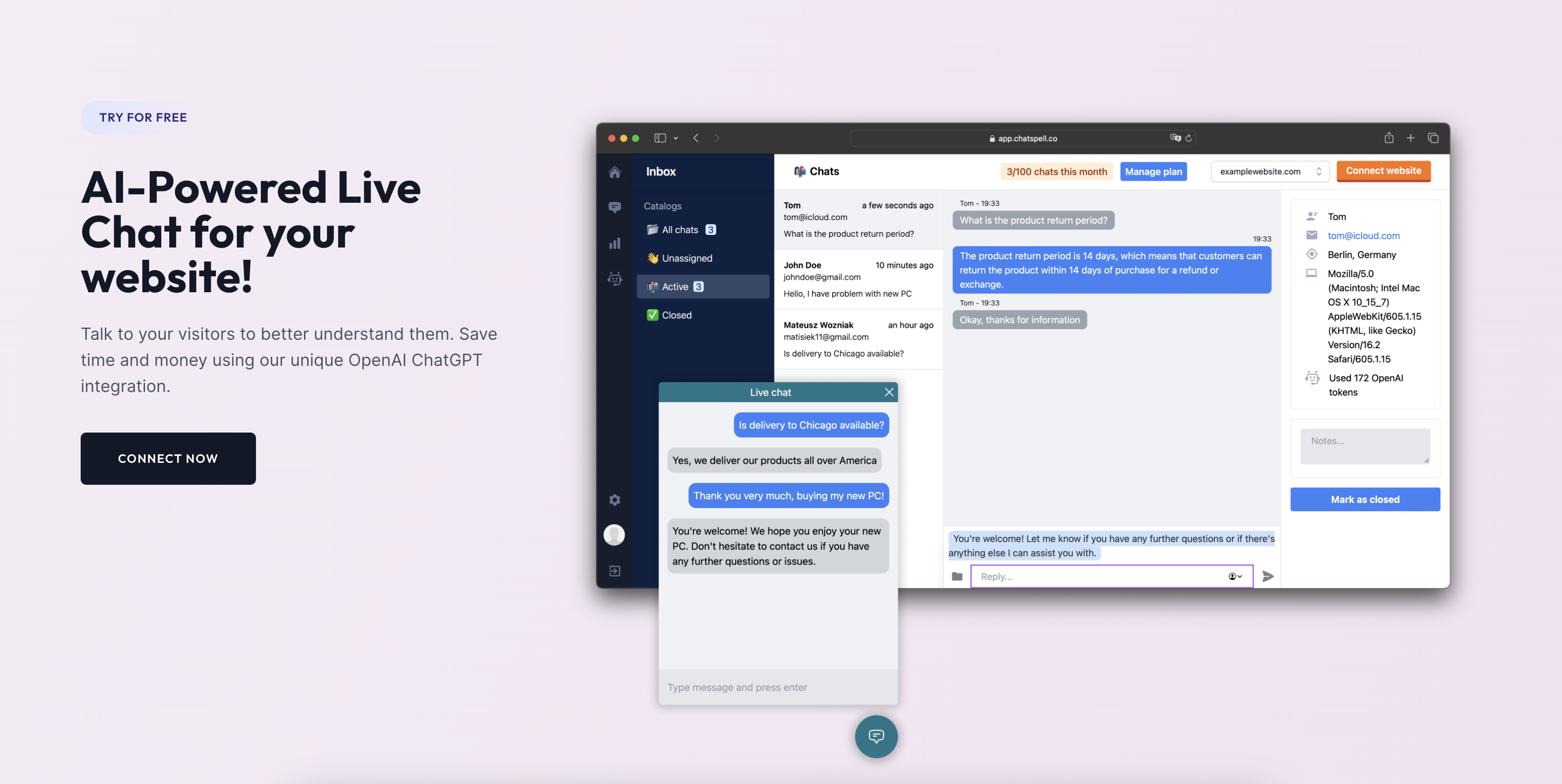 Mídia 1 de Chatspell - Chat ao vivo movido a IA para o seu site