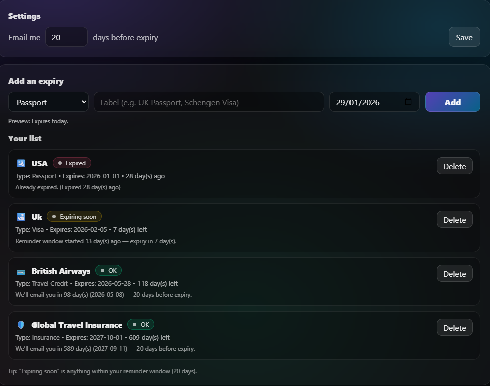 TripExpiry - Screenshot 2 showing product features and functionality