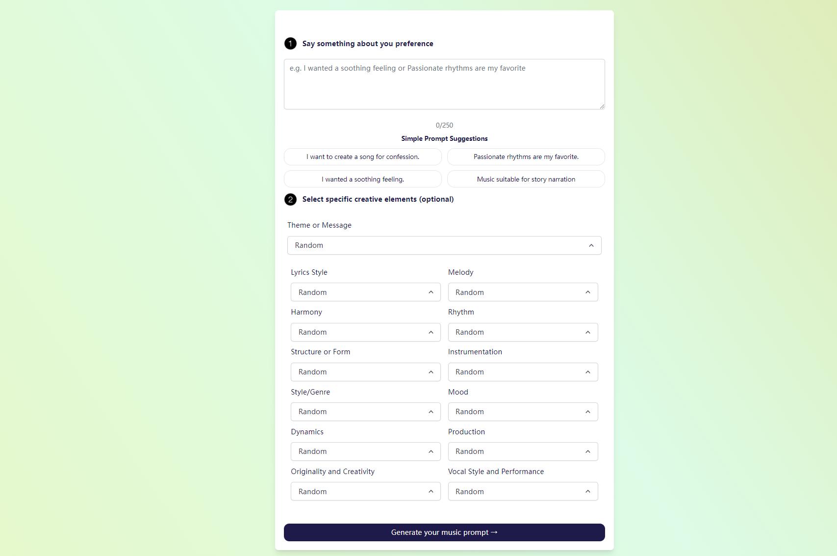 Musikalter Generator - Generieren Sie die Suno -Musikaufforderung basierend auf Ihrem Gedanken Medien 2