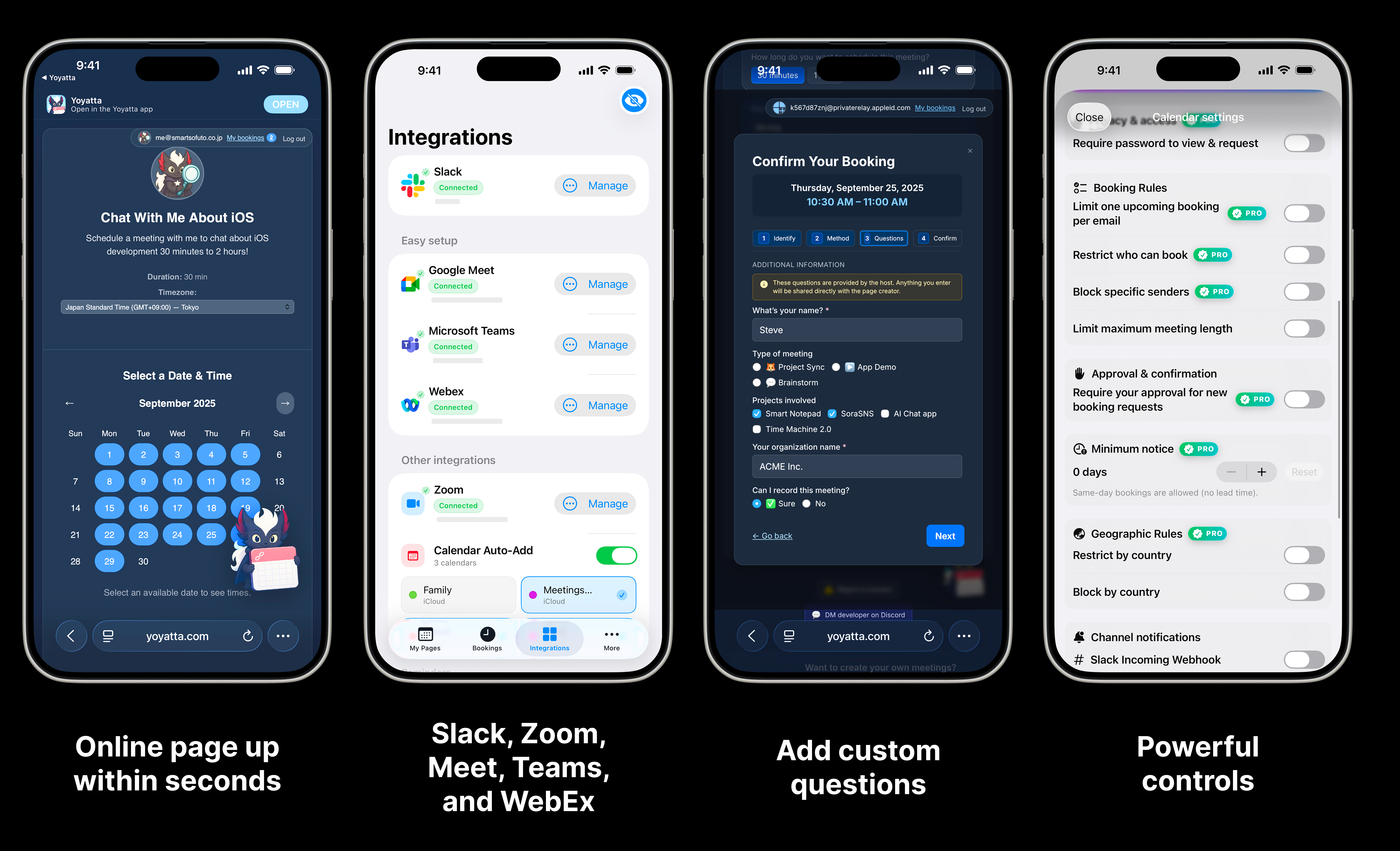 Média Yoyatta / booku.ai - Votre page d'organisation - Planification vérifiée - Formes, liens de zoom automatique, IP / Gating Email 1