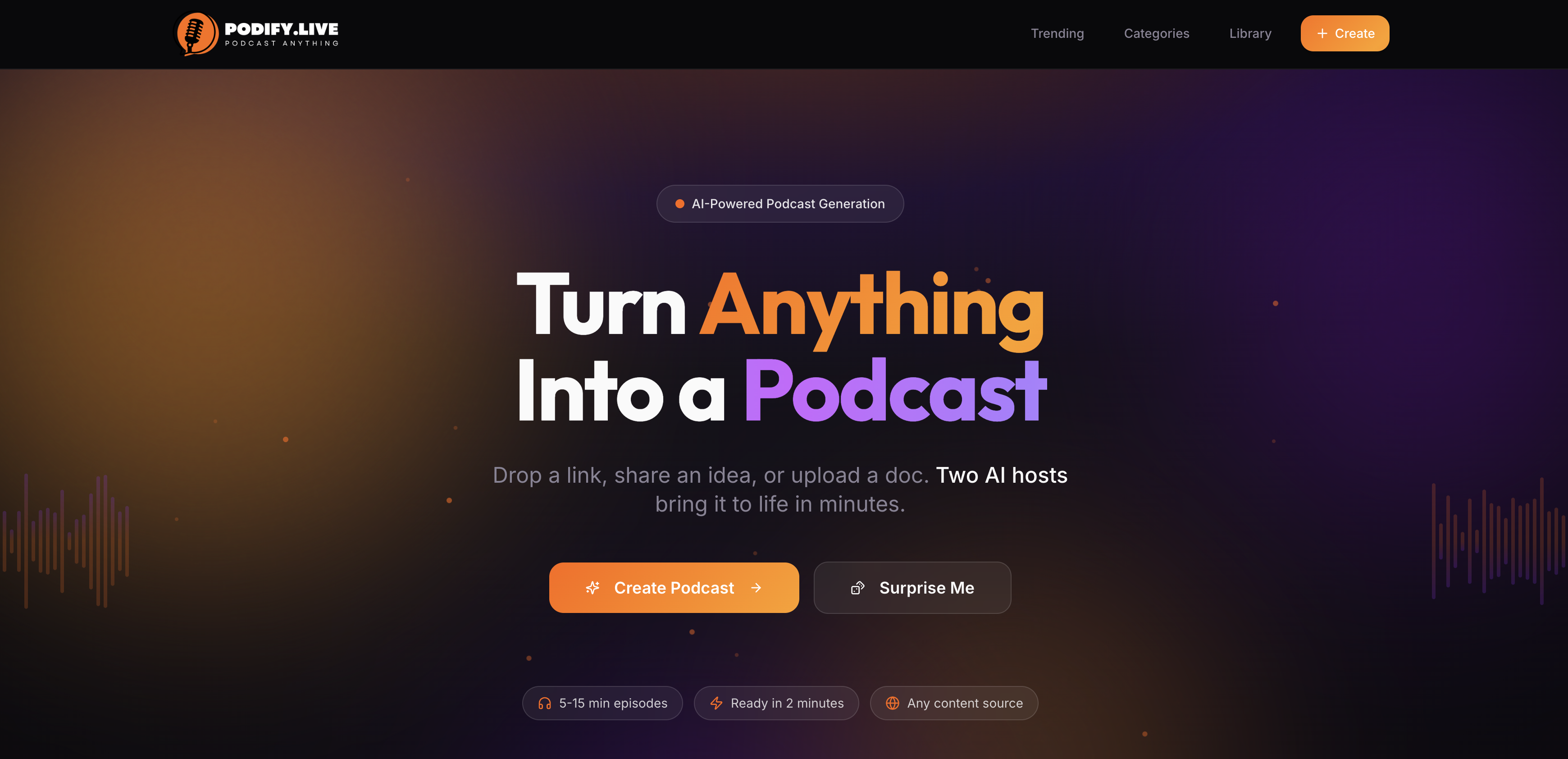 Podify Live - Podcast Anything! - Main product screenshot demonstrating key features and user interface