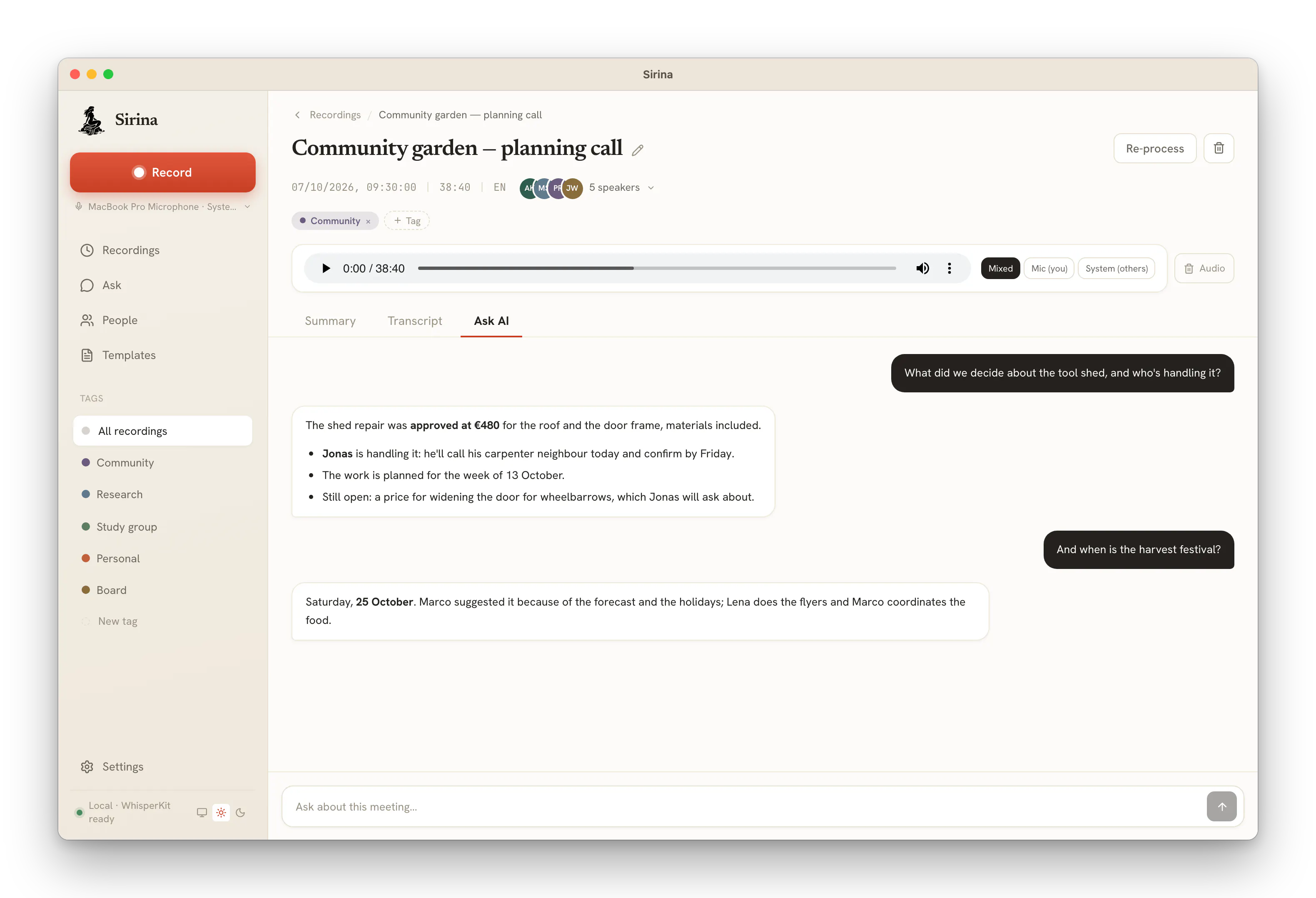 Sirina: private & local meeting recorder gallery image