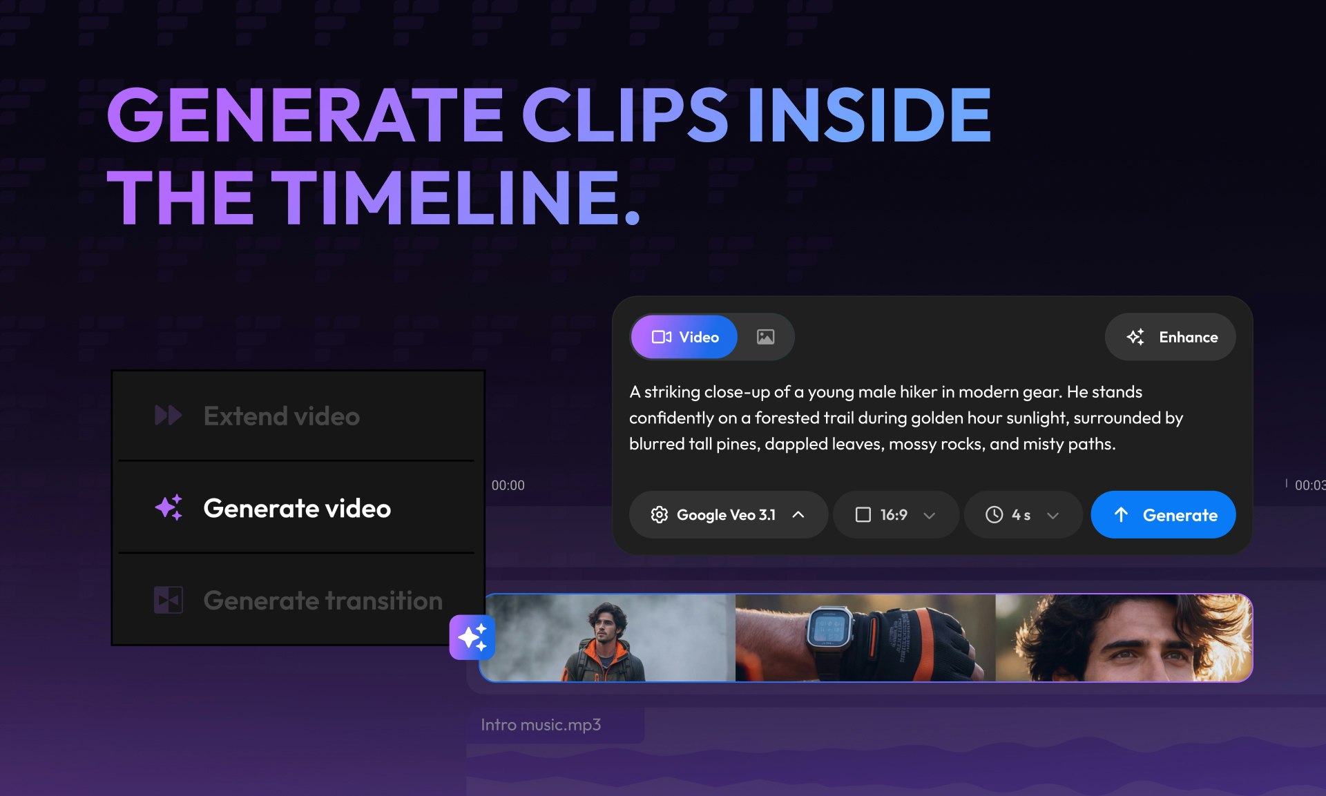 Flixier Generate AI Video in Timeline - Main product screenshot demonstrating key features and user interface