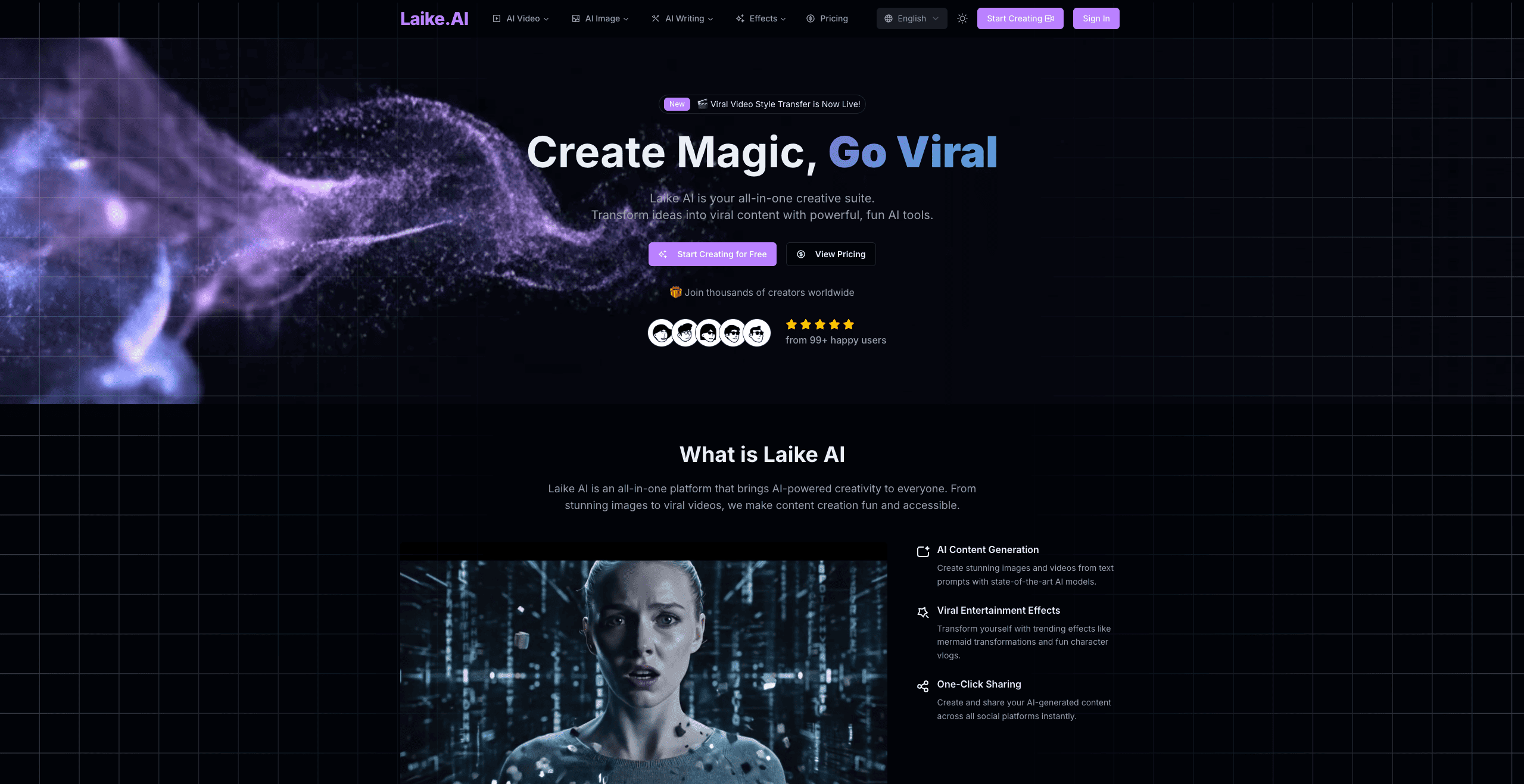 Laike AI – Go Viral with AI Videos - Main screenshot showing features and interface