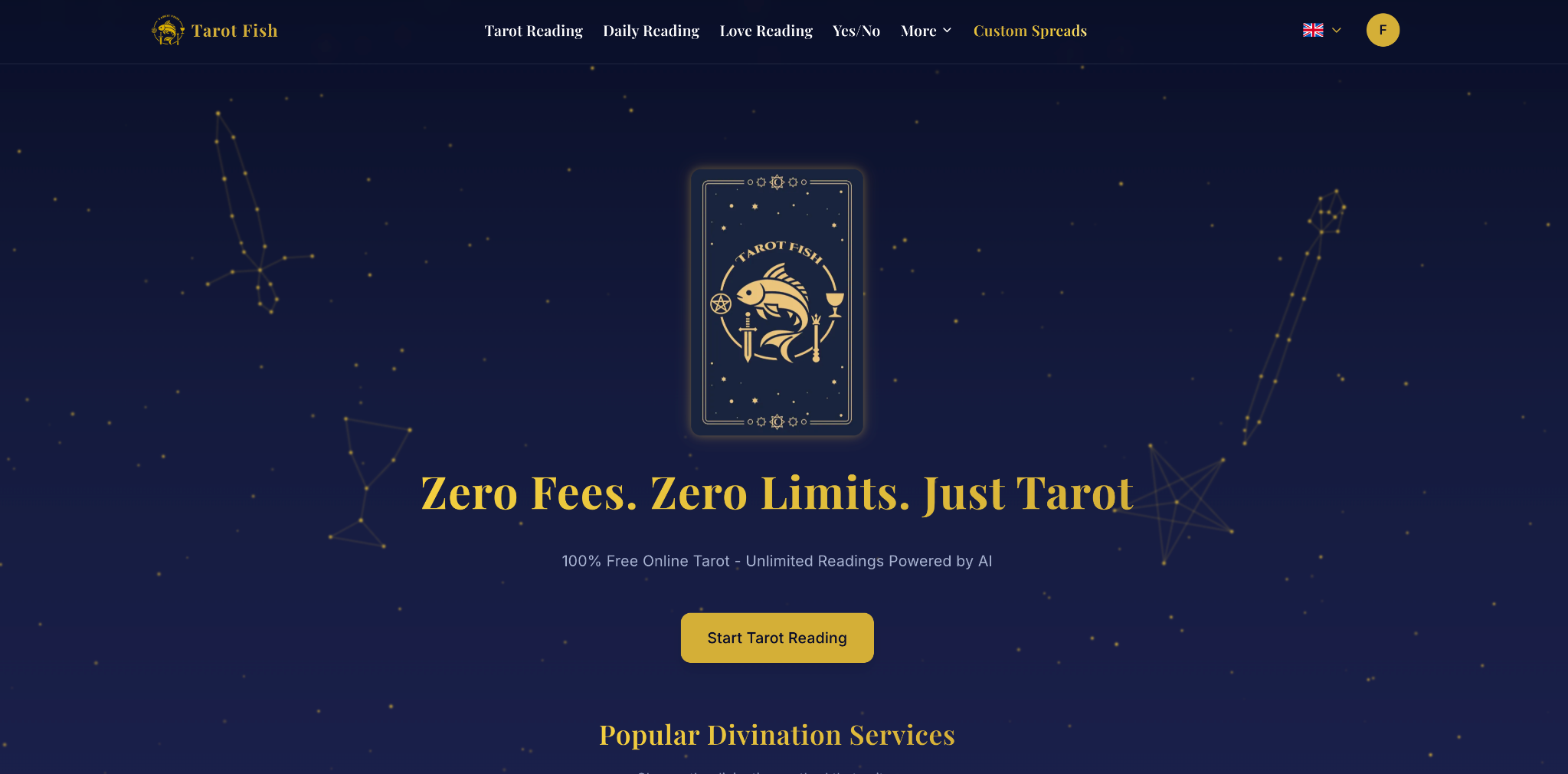 TarotFish.com - Main product screenshot demonstrating key features and user interface