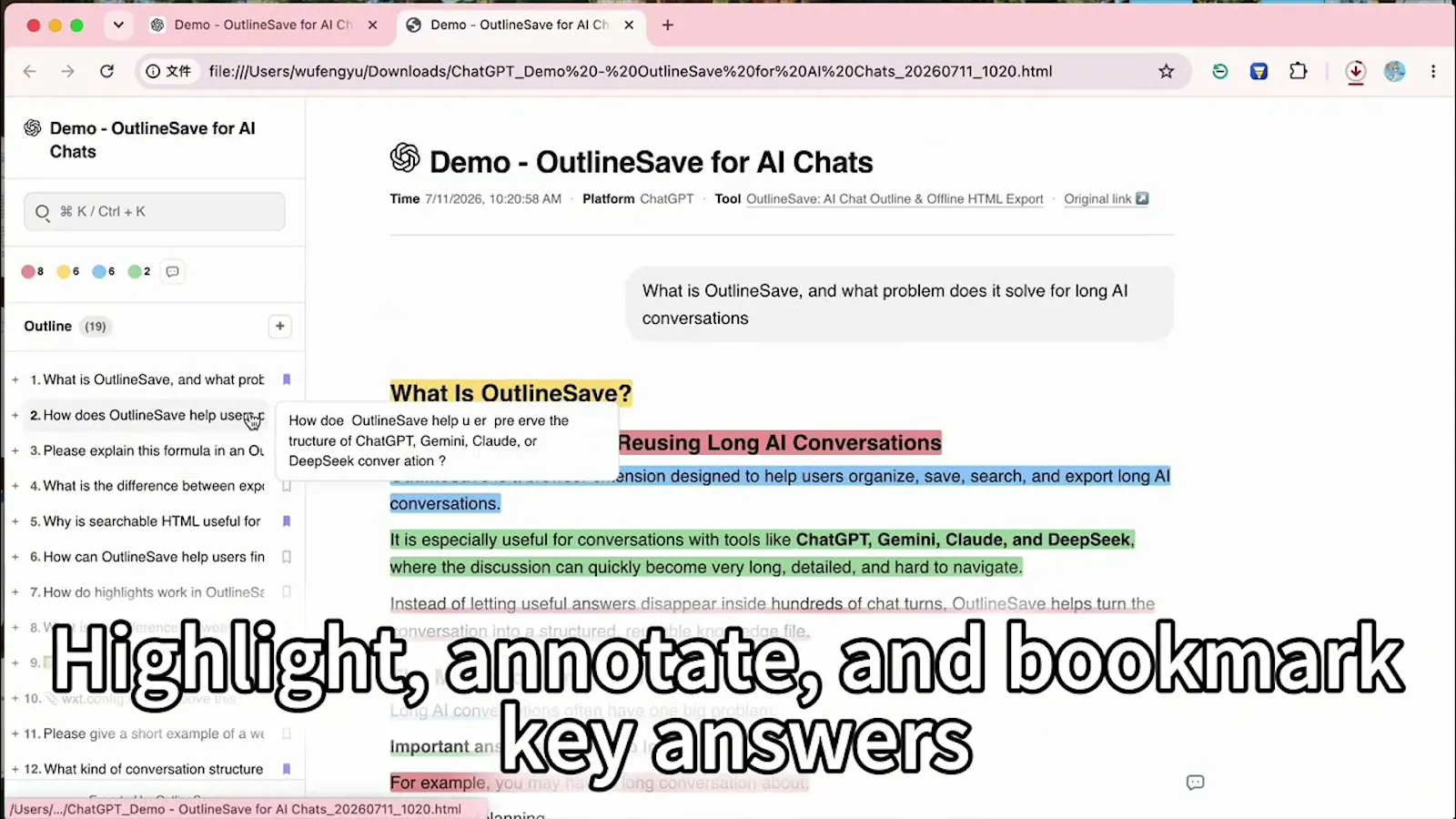 OutlineSave: AI Chats to Offline HTML screenshot 1 (video preview)