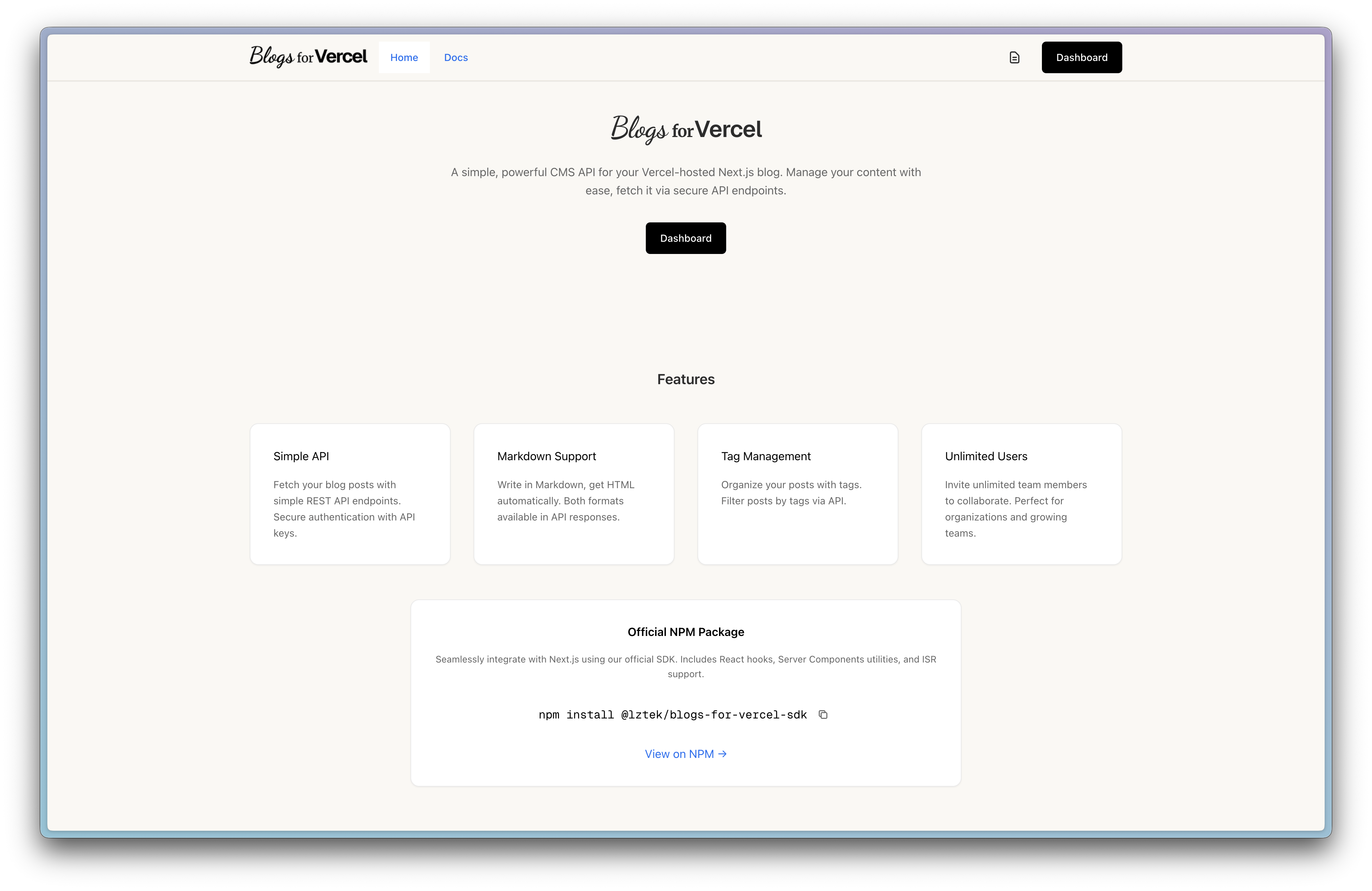 Blogs for Vercel - Screenshot 2 showing product features and functionality