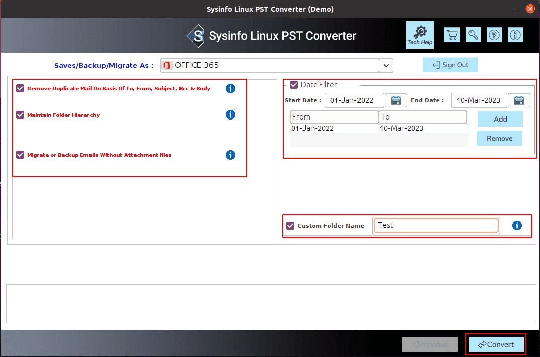 Mídia 4 de Sysinfo Linux PST Converter - Converter Linux PST Converter PST em outro formato no sistema operacional Linux.