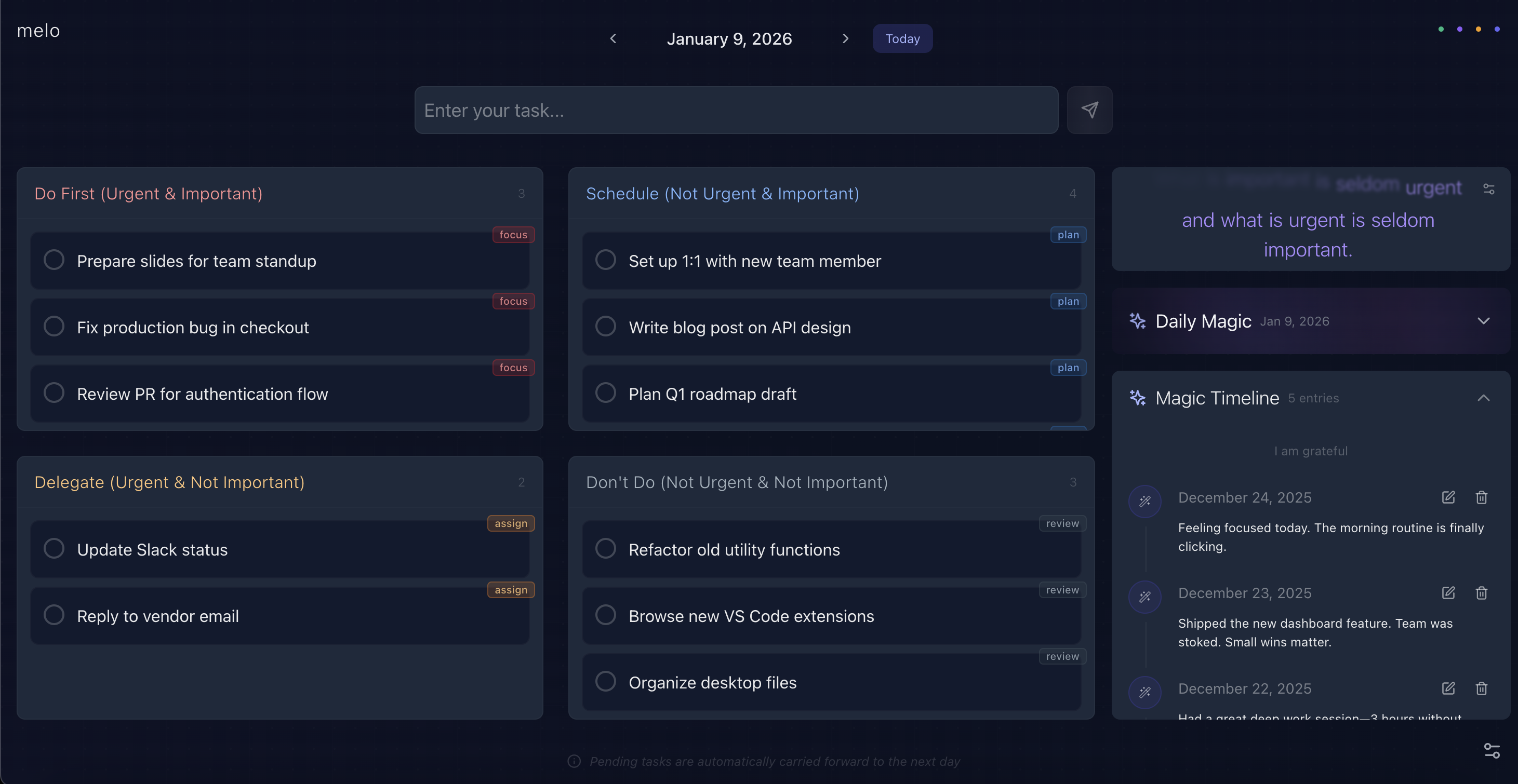 Melo — Eisenhower Matrix in every tab - Screenshot 3 showing product features and functionality