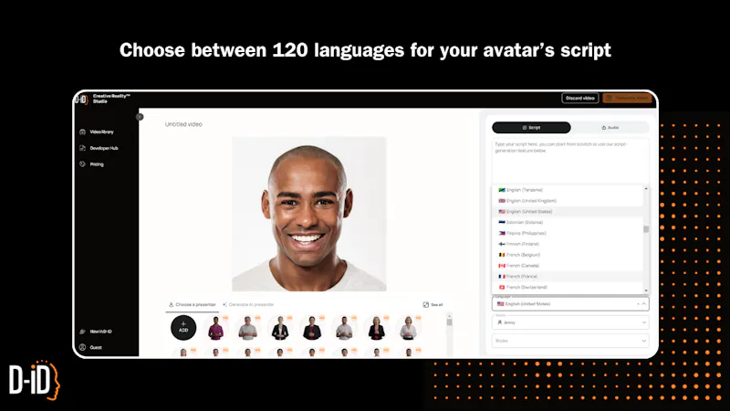 D-ID Creative Reality Studio multi-scene video editor showing video timeline with multiple avatar scenes