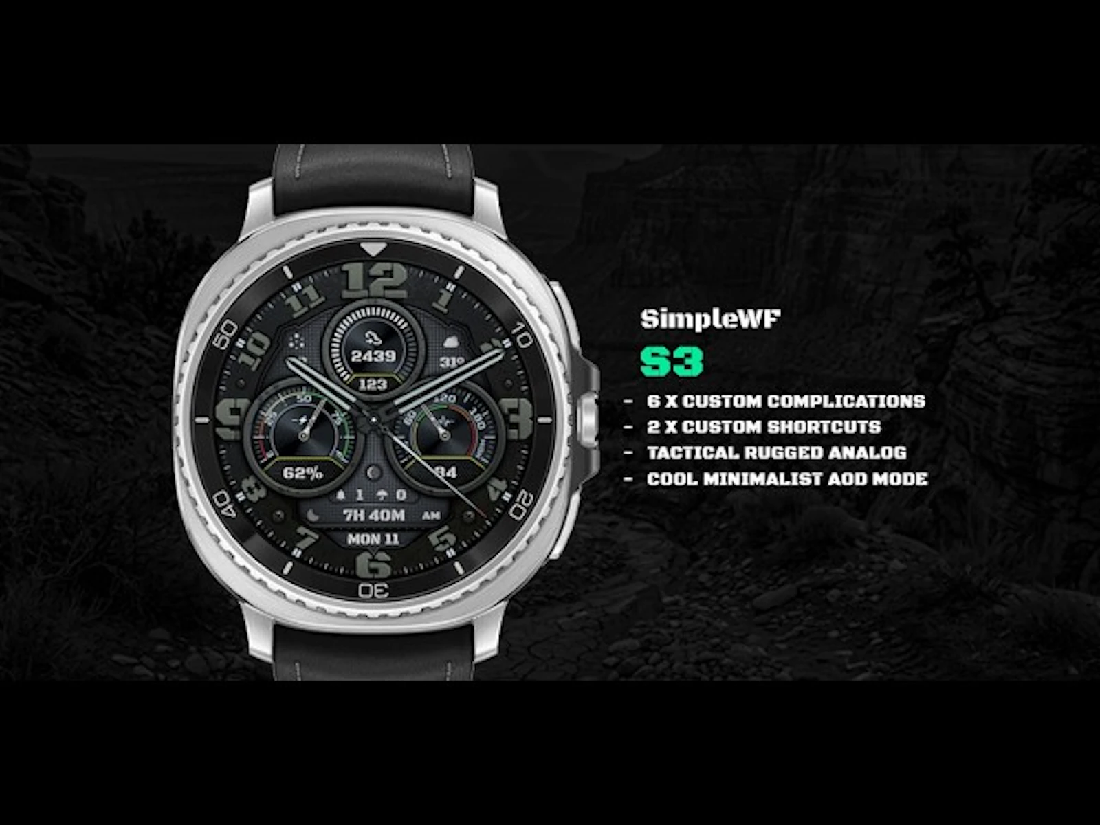 Tactical Analog Watch Face S3: 50% Sales screenshot 1 (video preview)