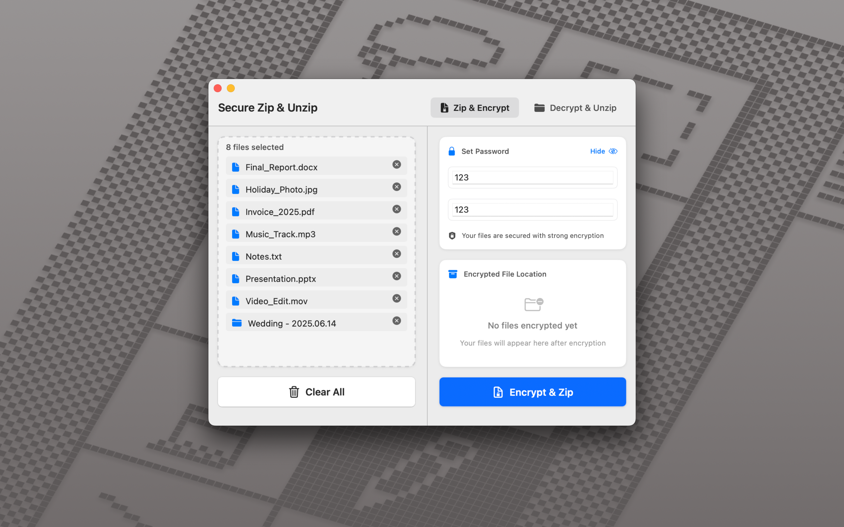 Mídia 3 de Zip e descompactação segura - Criptografia Zip Fast - Apple Silicon Metal alimentado