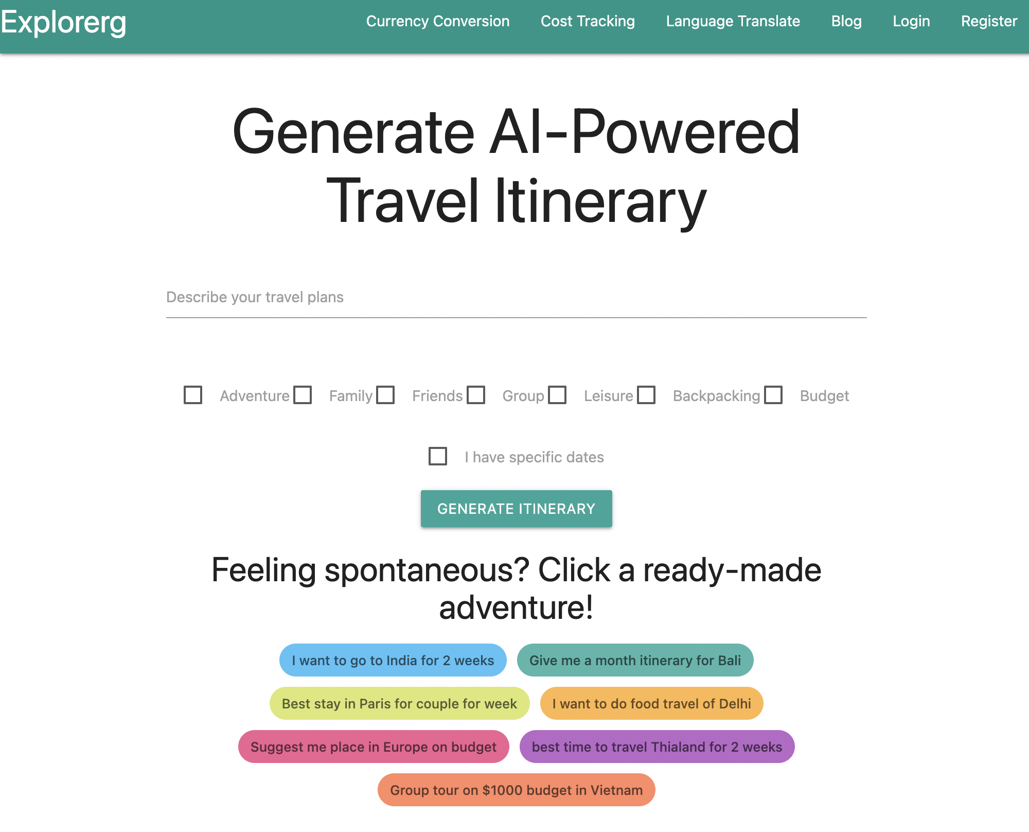 Explorerg - Descubra, planifica tus viajes - Itinerarios personalizados Traducción de idiomas Seguimiento de costos media 2