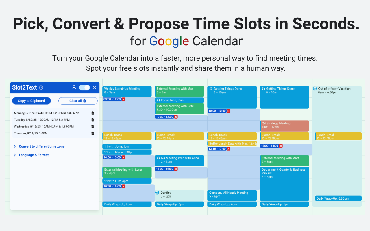 Slot2Text - GCal için Chrome Uzantısı - Google Cal için Saniyeler İçinde Zaman Aralıklarını Teklif Etmek İçin Seçin, Dönüştürün medya 4