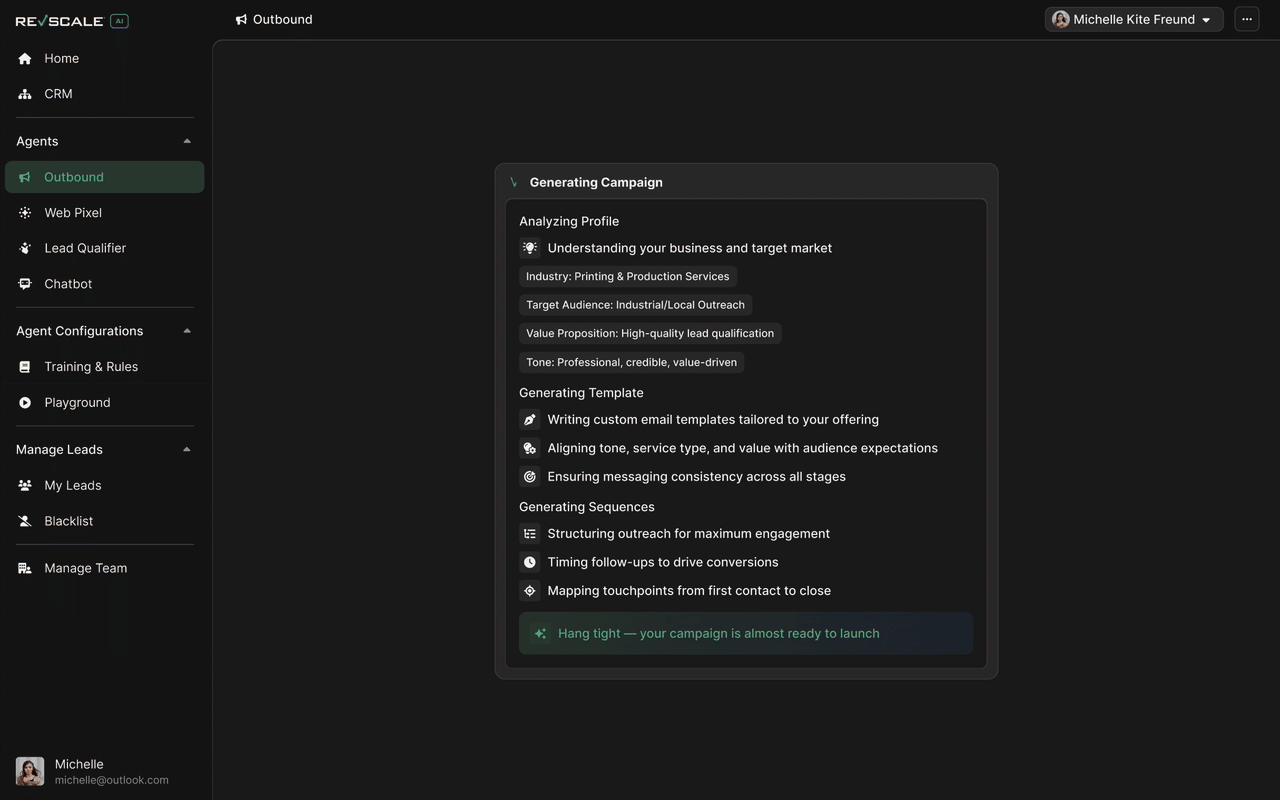 Revscale v3 - AI Agents - Main product screenshot demonstrating key features and user interface
