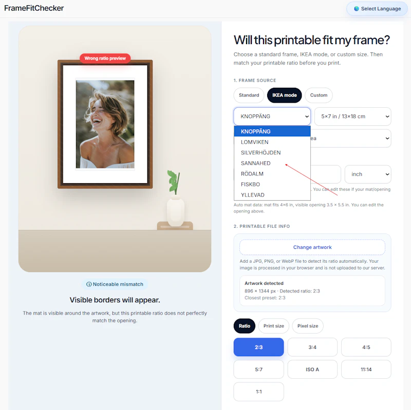 framefitchecker.com screenshot 2