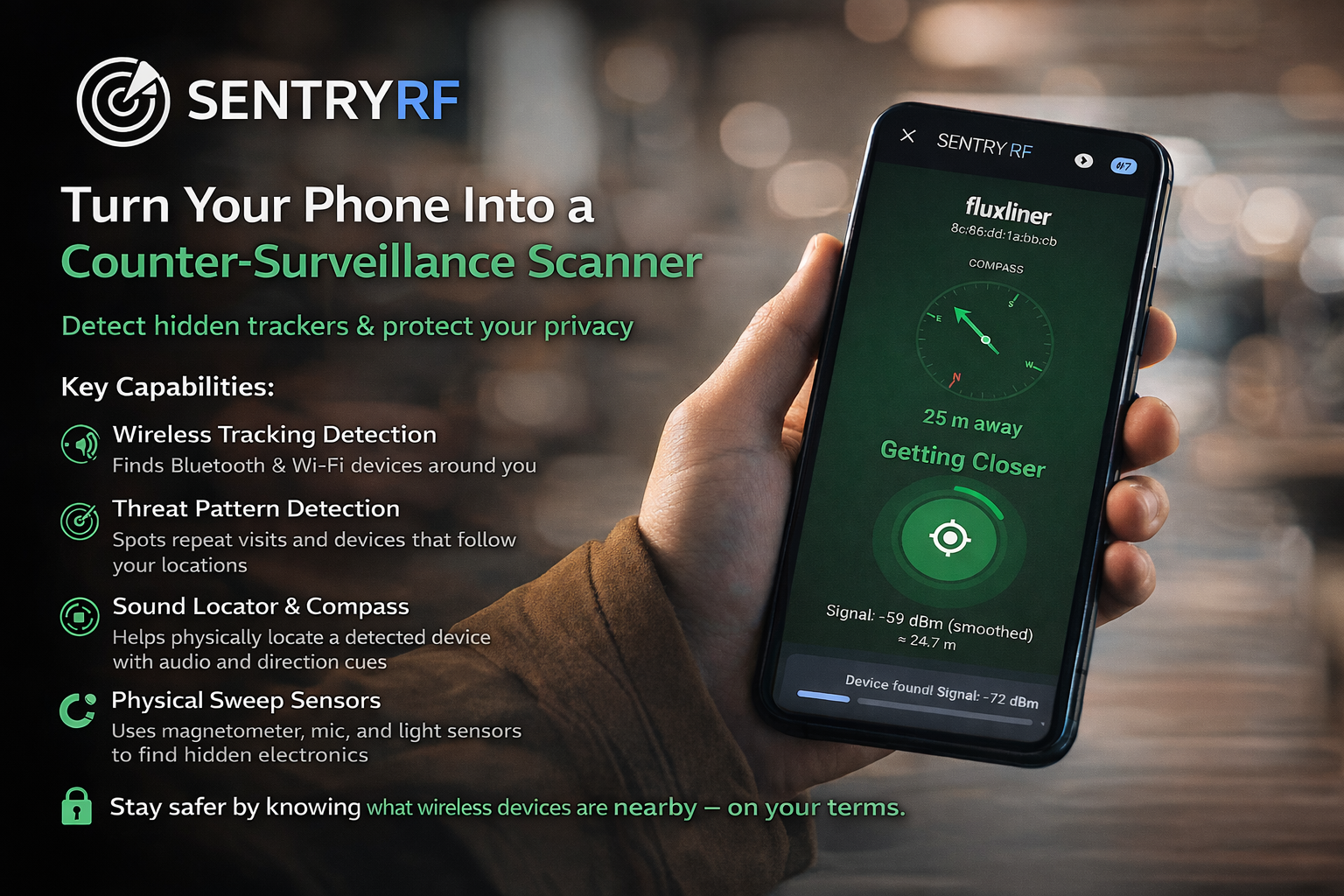 SentryRF Personal Counter-Surveillance - Main product screenshot demonstrating key features and user interface