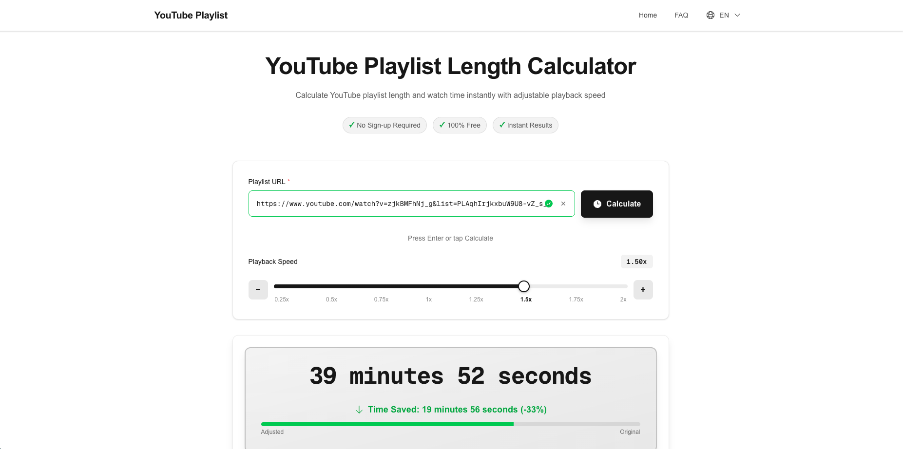 YouTube Playlist length calculator - Main screenshot showing features and interface