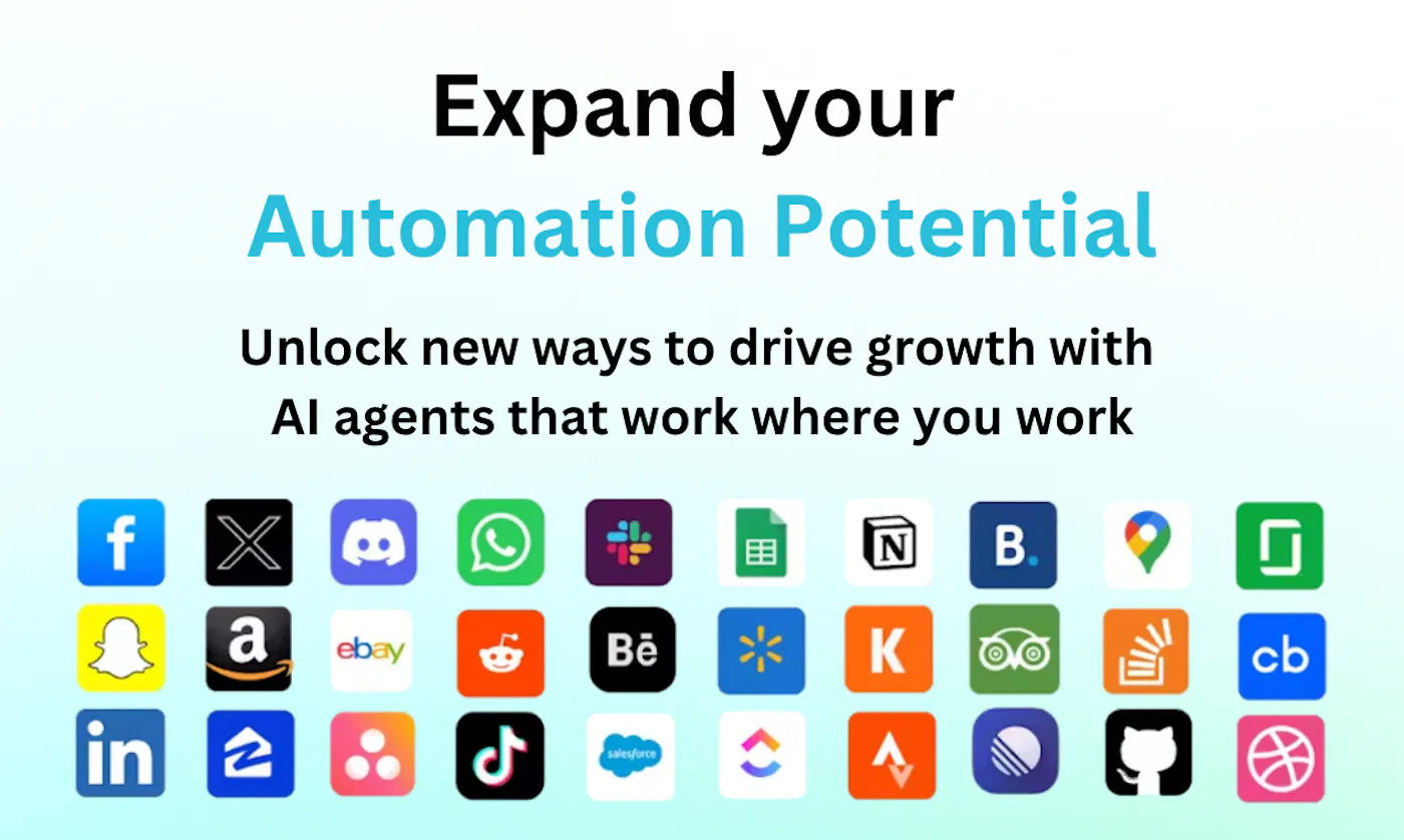 Airtop graphic 'Expand your automation potential' with a grid of logos of websites and apps its agents can work with