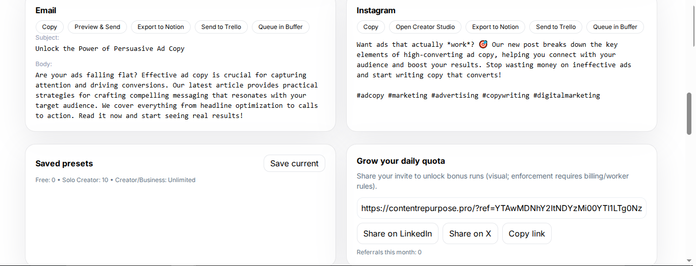 Media ContentRepurpose.pro - Tampal sekali → LinkedIn/x/e -mel/Ig draf dalam beberapa minit 4