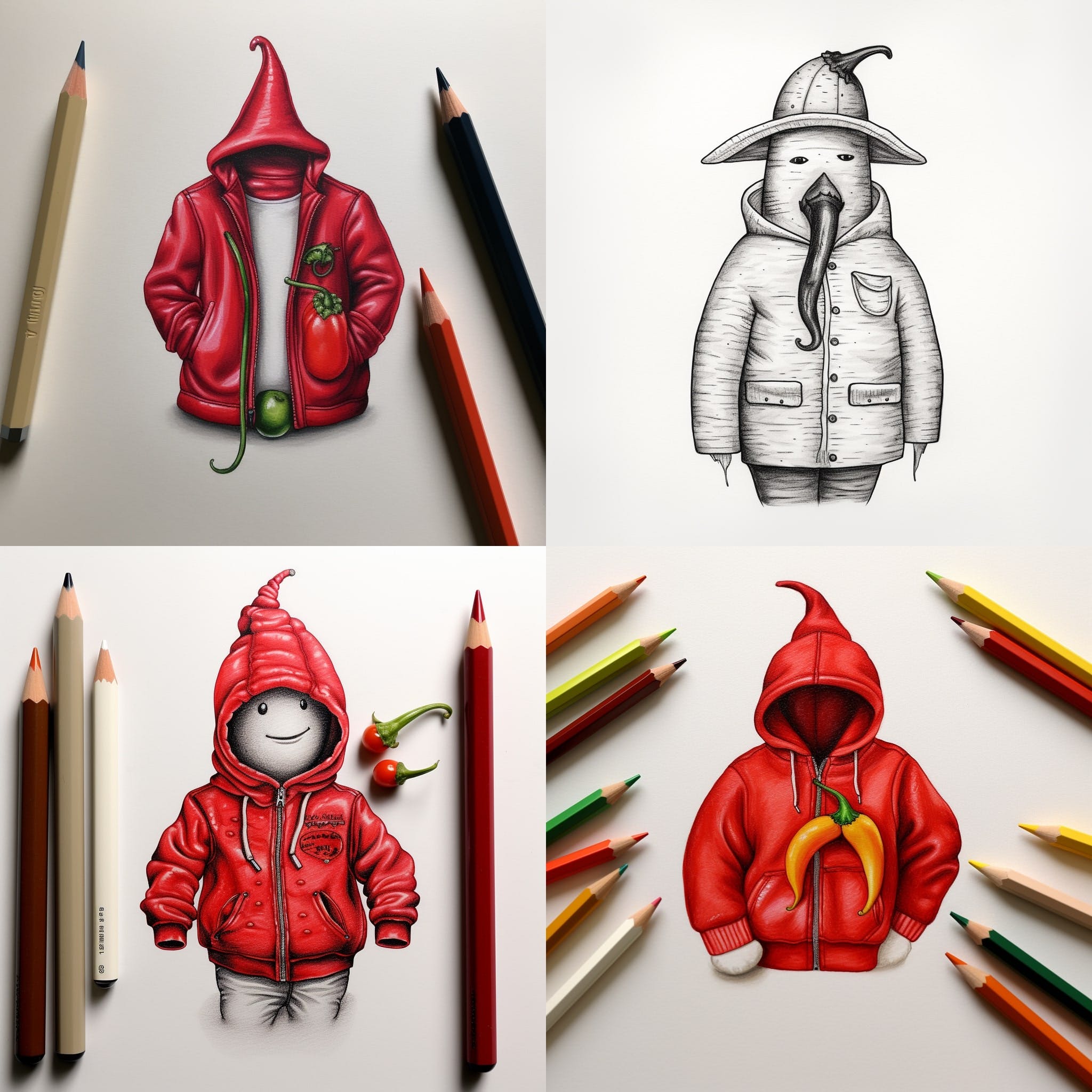 Midjourney prompt used: Small chilli pepper wearing a jacket, pencil drawing style