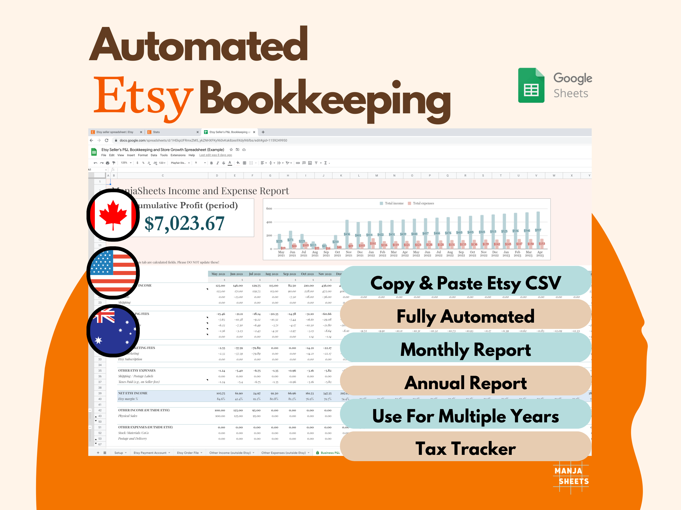 Электронная таблица, чтобы отслеживать продажи Etsy - Автоматизированная электронная таблица для легко отслеживания продаж и прибыли Etsy медиа 1