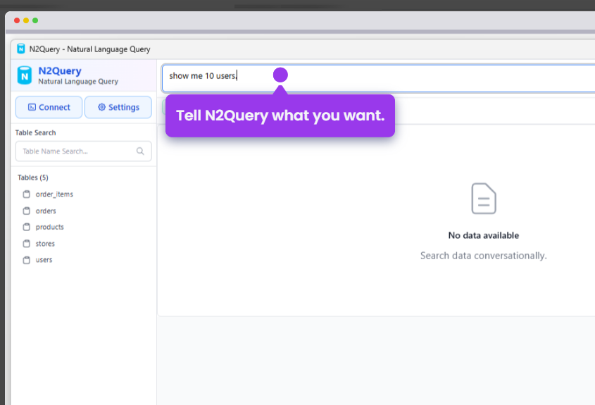 N2Query — AI SQL for MySQL & MariaDB - Main product screenshot demonstrating key features and user interface