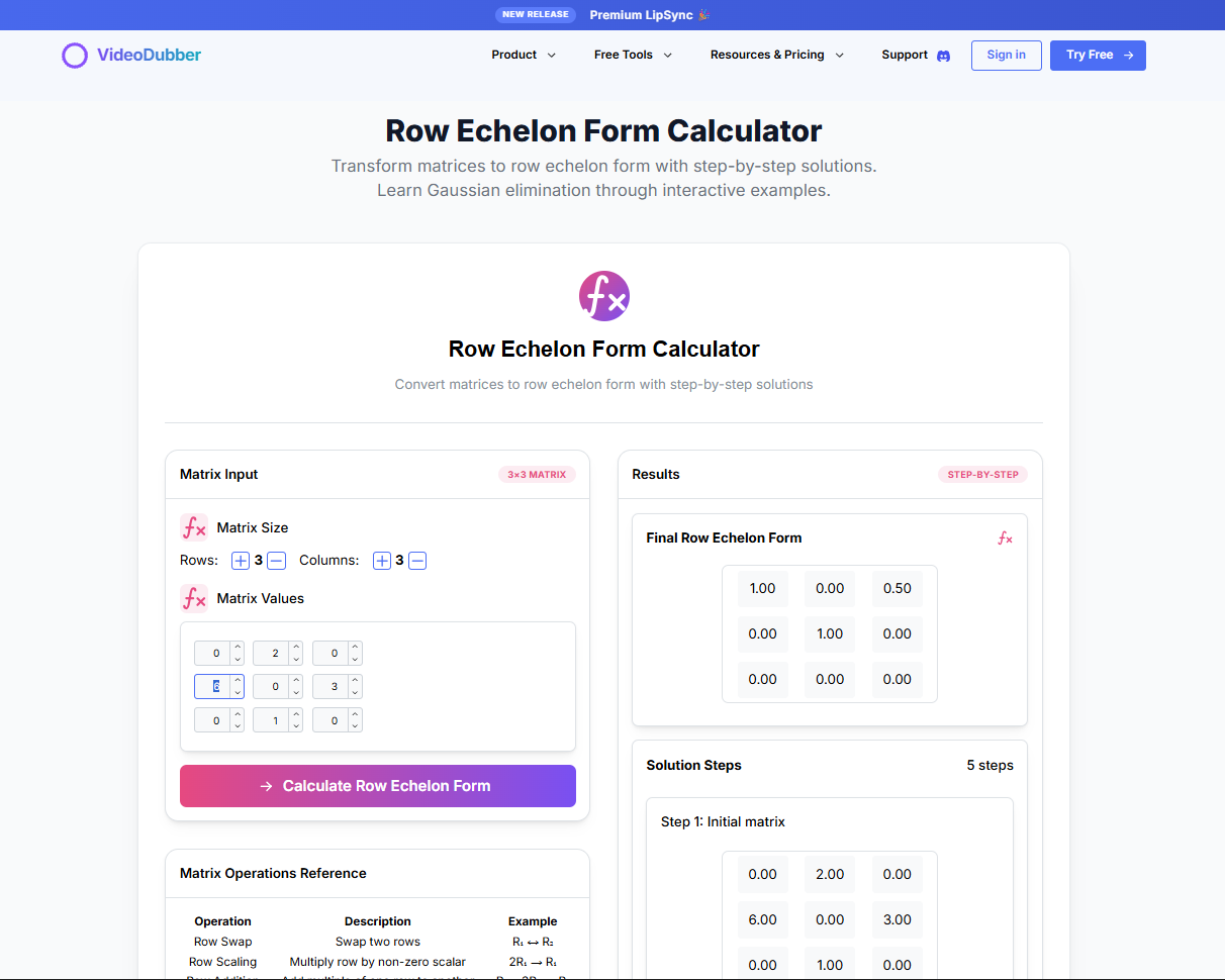 행에 켈론 양식 계산기 - 가우스 제거 도구 |MathTools 미디어 3