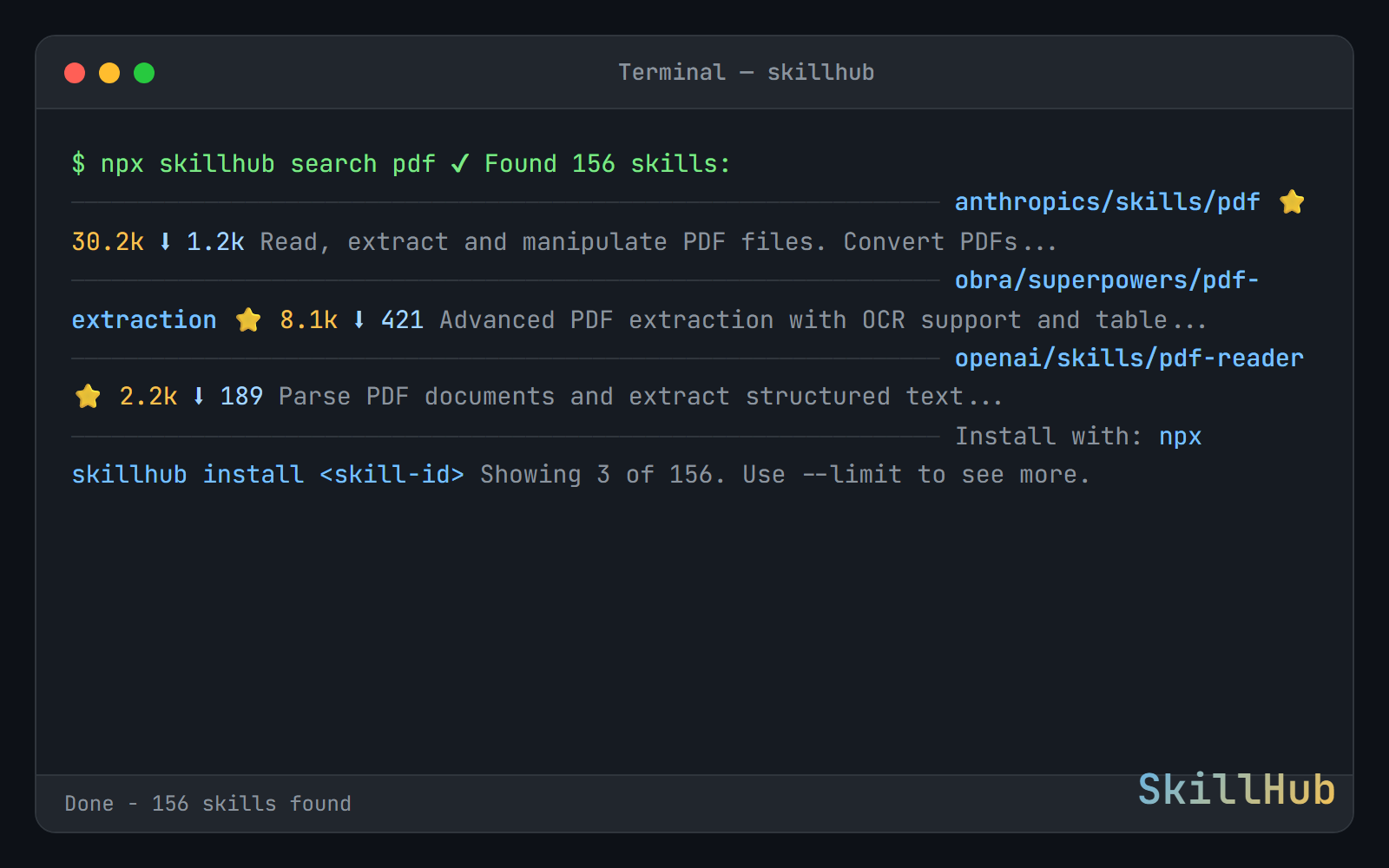 SkillHub for AI Agents - Main product screenshot demonstrating key features and user interface